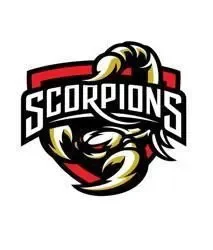 Logo of the Scorpions featuring a stylized scorpion in black, white, and yellow with the word 'SCORPIONS' written across it.