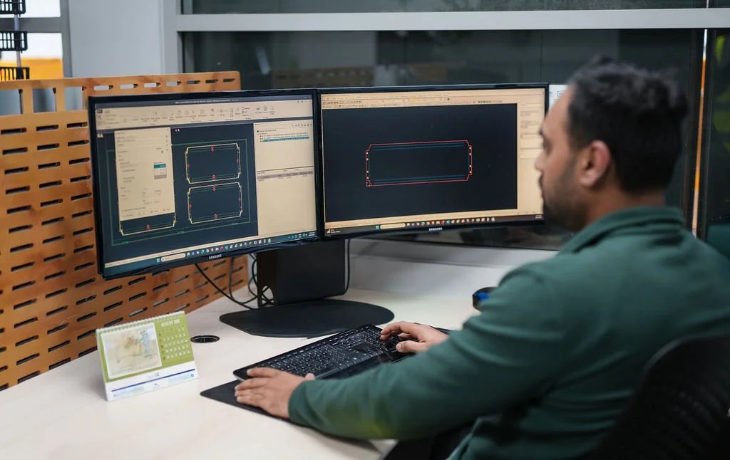 A man working at a desk with two computer monitors displaying CAD design software.