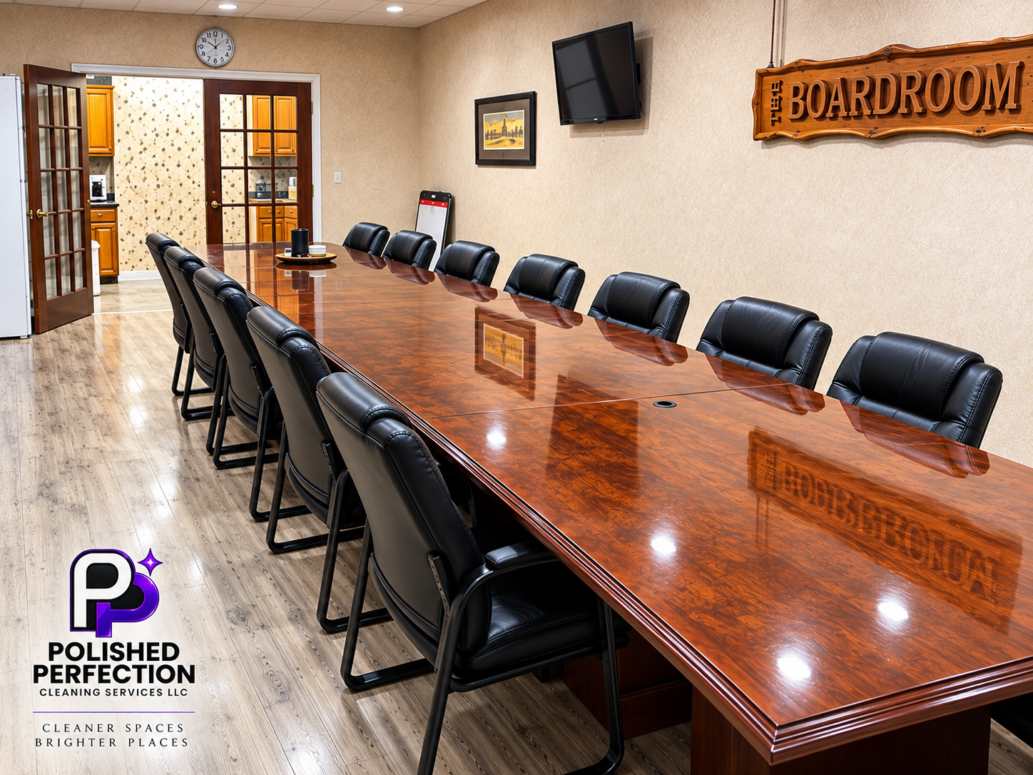 Empty boardroom with a long polished wooden table surrounded by black leather chairs. The room has beige walls, a wall-mounted TV, a picture frame, a sign that reads 'The Boardroom,' and a kitchen area visible through a glass-paneled door. A clock is on the wall above the door, and the floor is a wood-look finish.