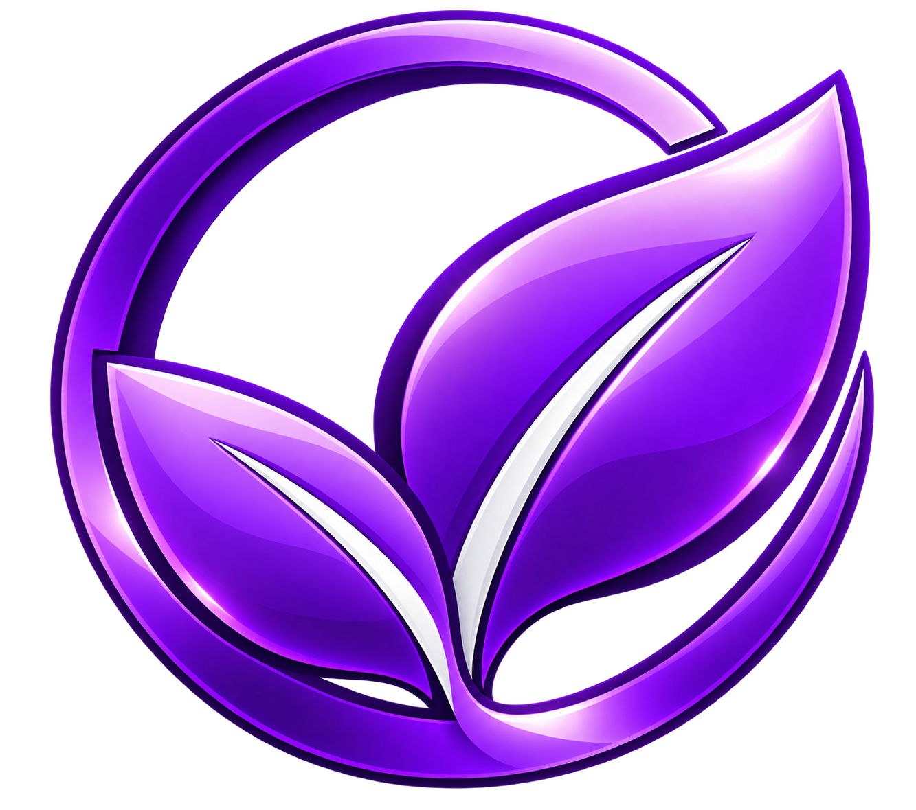 A stylized purple and white logo featuring a circular shape with three leaves inside, representing eco-friendliness or sustainability.