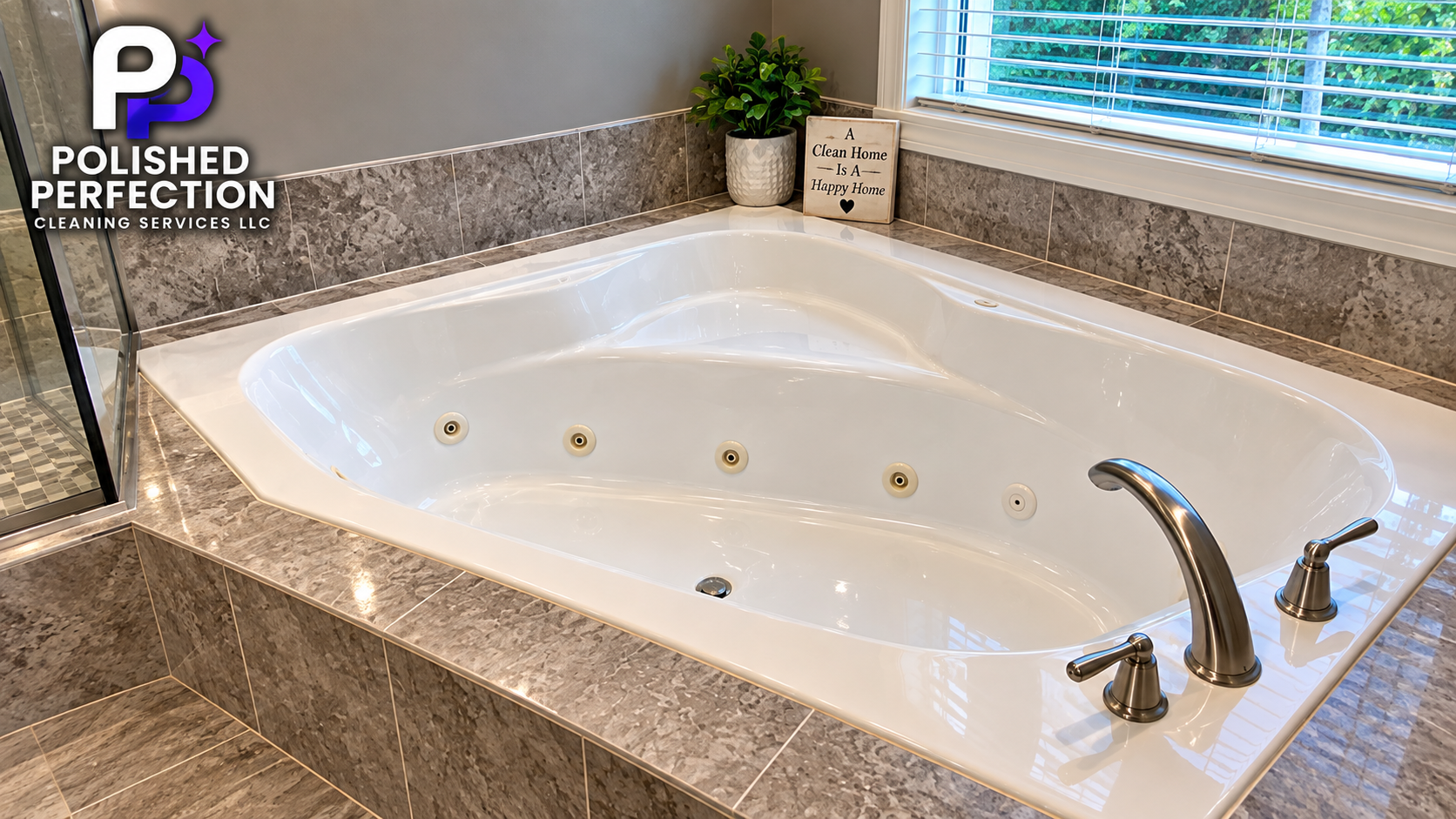 A clean, white bathtub with jets, chrome faucet, and side panel, surrounded by gray tile tiling, in a bathroom with a window, a potted plant, and a sign that says 'A Clean Home Is A Happy Home'.