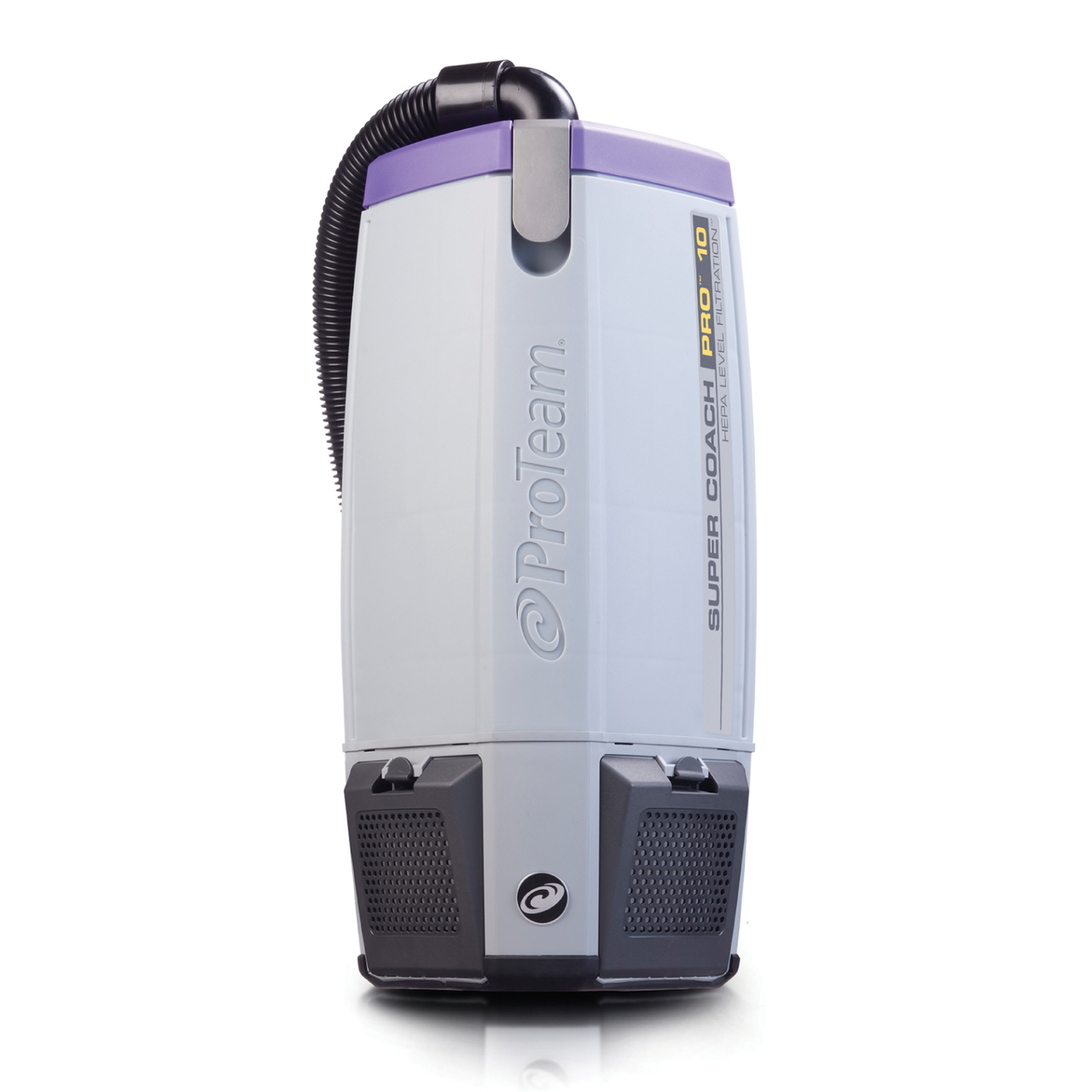 A portable vacuum cleaner with a white body, black accents, and purple details, labeled 'ProTeam Super Coach HEPA Level Filtration'.