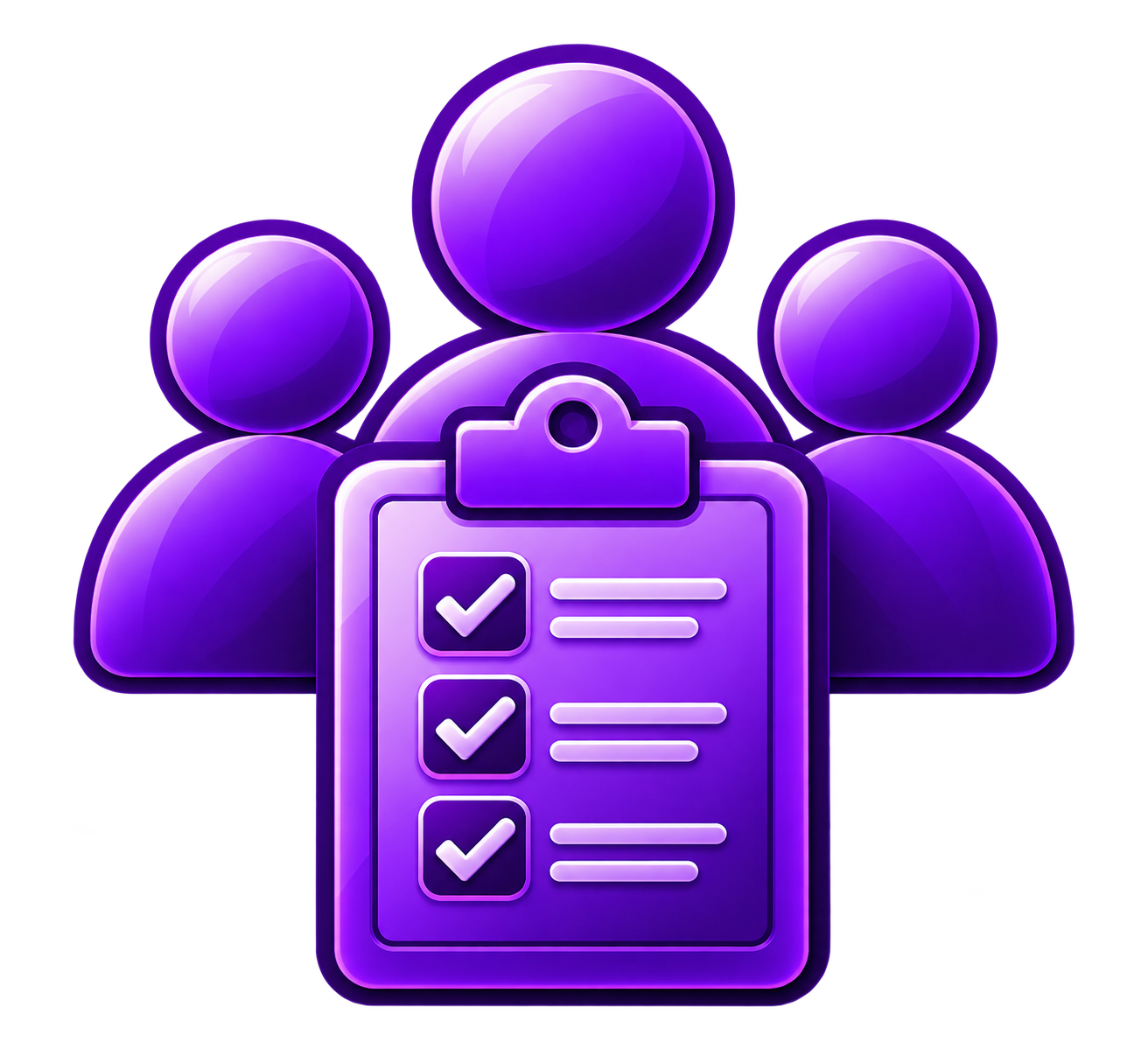 Digital illustration of three purple icons representing people with a clipboard and checkmarks in the foreground.