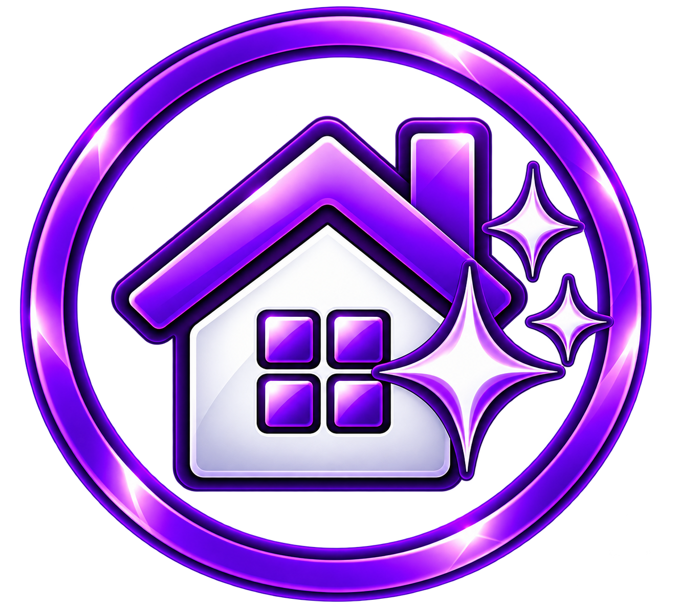 Neon-style icon of a house with sparkle effects and a purple circular border, symbolizing cleaning or home improvement.