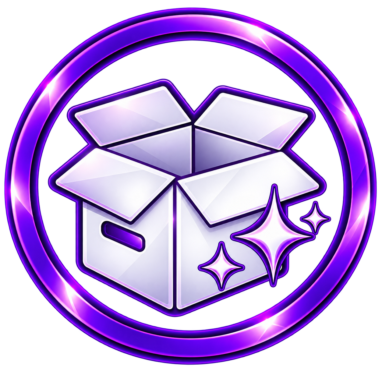 A glowing neon purple circle surrounds an open white cardboard box with an elegant shining effect. Two sparkles are near the box, indicating cleanliness or magic.