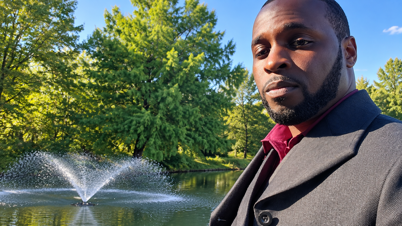 A man in a gray suit and maroon shirt standing outdoors near a pond with a fountain, lush green trees and blue sky in the background.