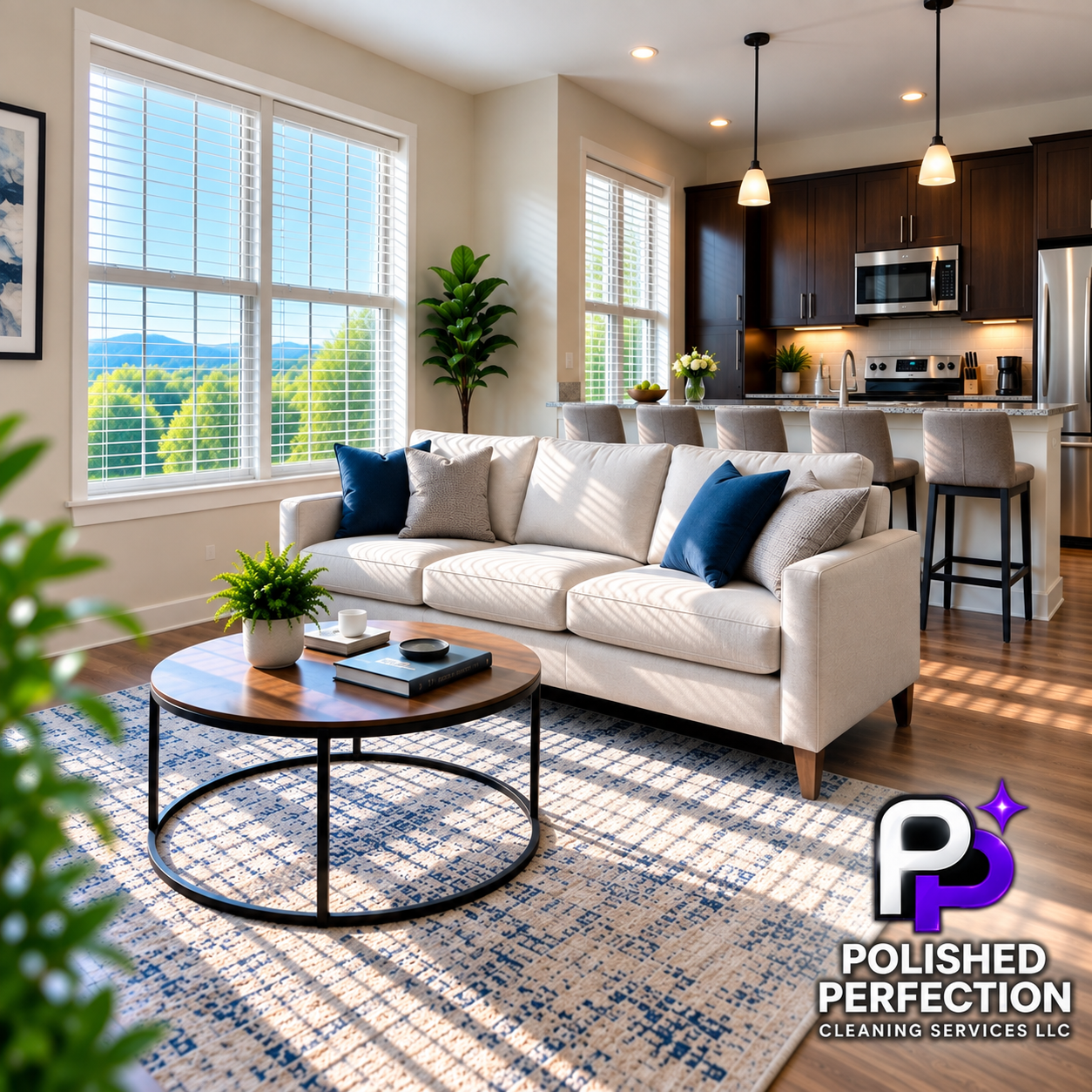 Bright living room with cream sofa, blue and gray pillows, round coffee table with a plant and books, large windows showing mountain view, open kitchen with dark wood cabinets, bar stools, pendant lights.