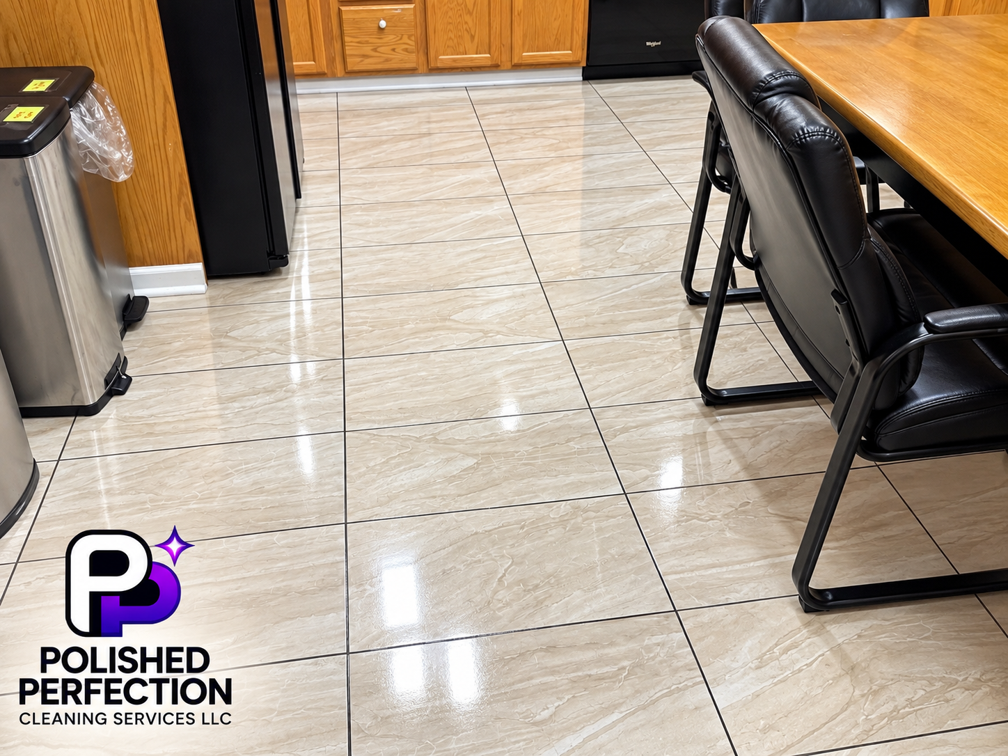 Clean, polished tile floor in a kitchen or dining area with wooden cabinets, black refrigerator, and black chairs around a wooden table. Logo for Polished Perfection Cleaning Services LLC in the bottom left corner.