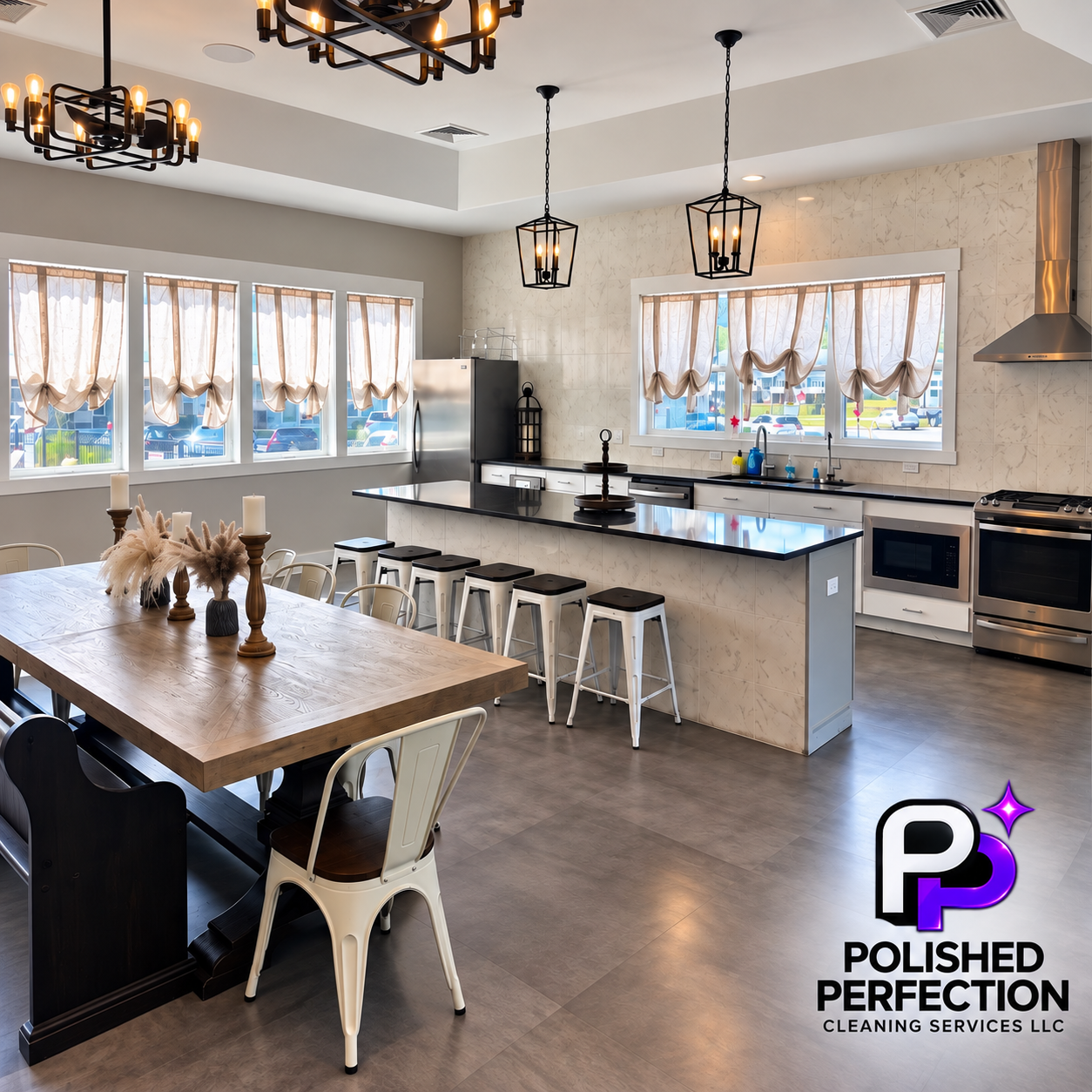 Modern kitchen with black countertops, white cabinetry, stainless steel appliances, and a large window with beige curtains. Wooden dining table with assorted chairs, decorative candles, and neutral-toned decor. Chandeliers and pendant lights hang from the ceiling.