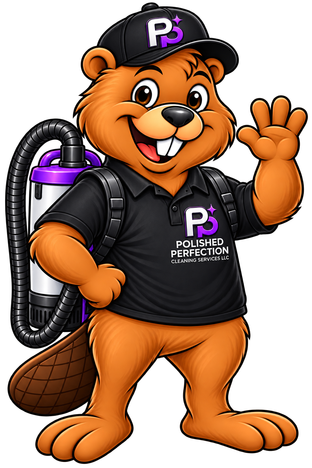 Cartoon beaver mascot wears a black company shirt with logo, a black cap, and carries a vacuum cleaner, waving and smiling.