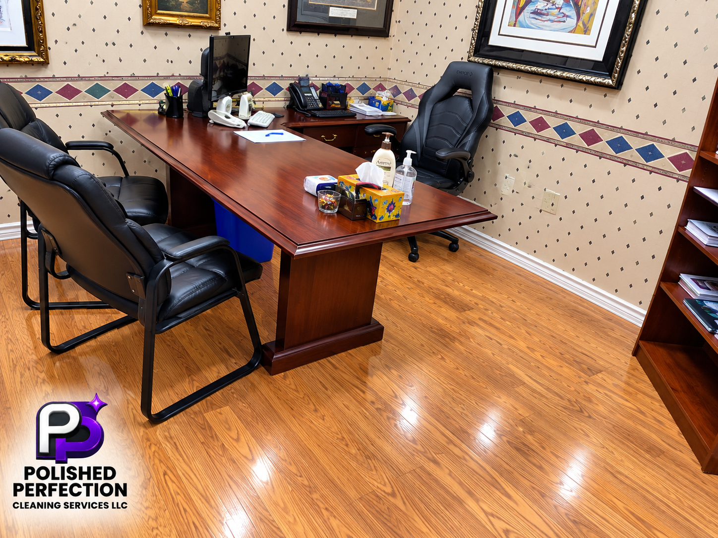 Clean and organized office with a large wooden desk, two black leather office chairs, a computer, telephone, and office supplies. Decorated with framed artwork on the wall and wooden flooring.