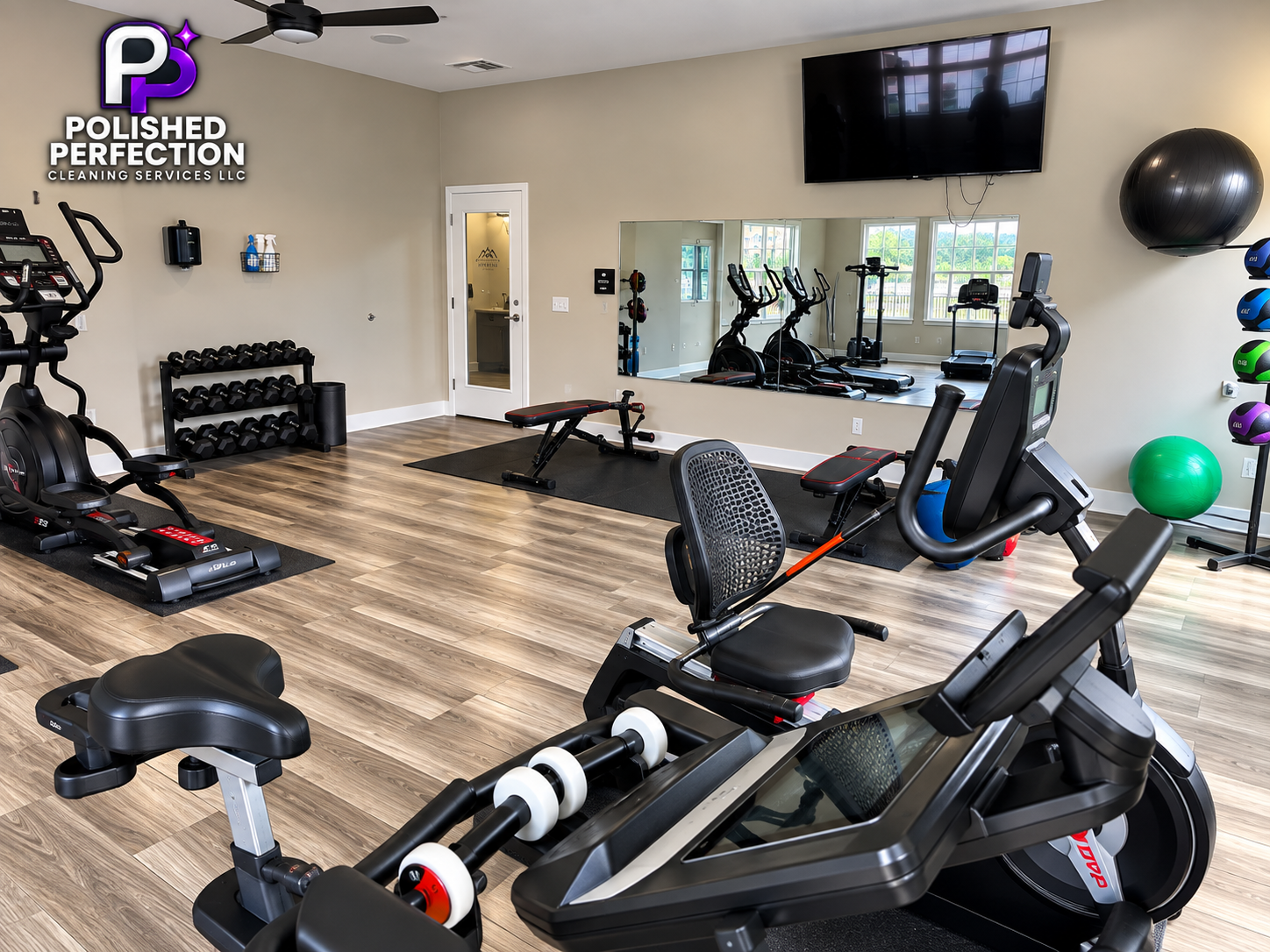 A well-equipped gym with cardio machines, weight racks, dumbbells, stability balls, and exercise mats. The room has wood flooring, a large mirror, and a wall-mounted TV. The logo of Polished Perfection Cleaning Services LLC is visible in the top left corner.