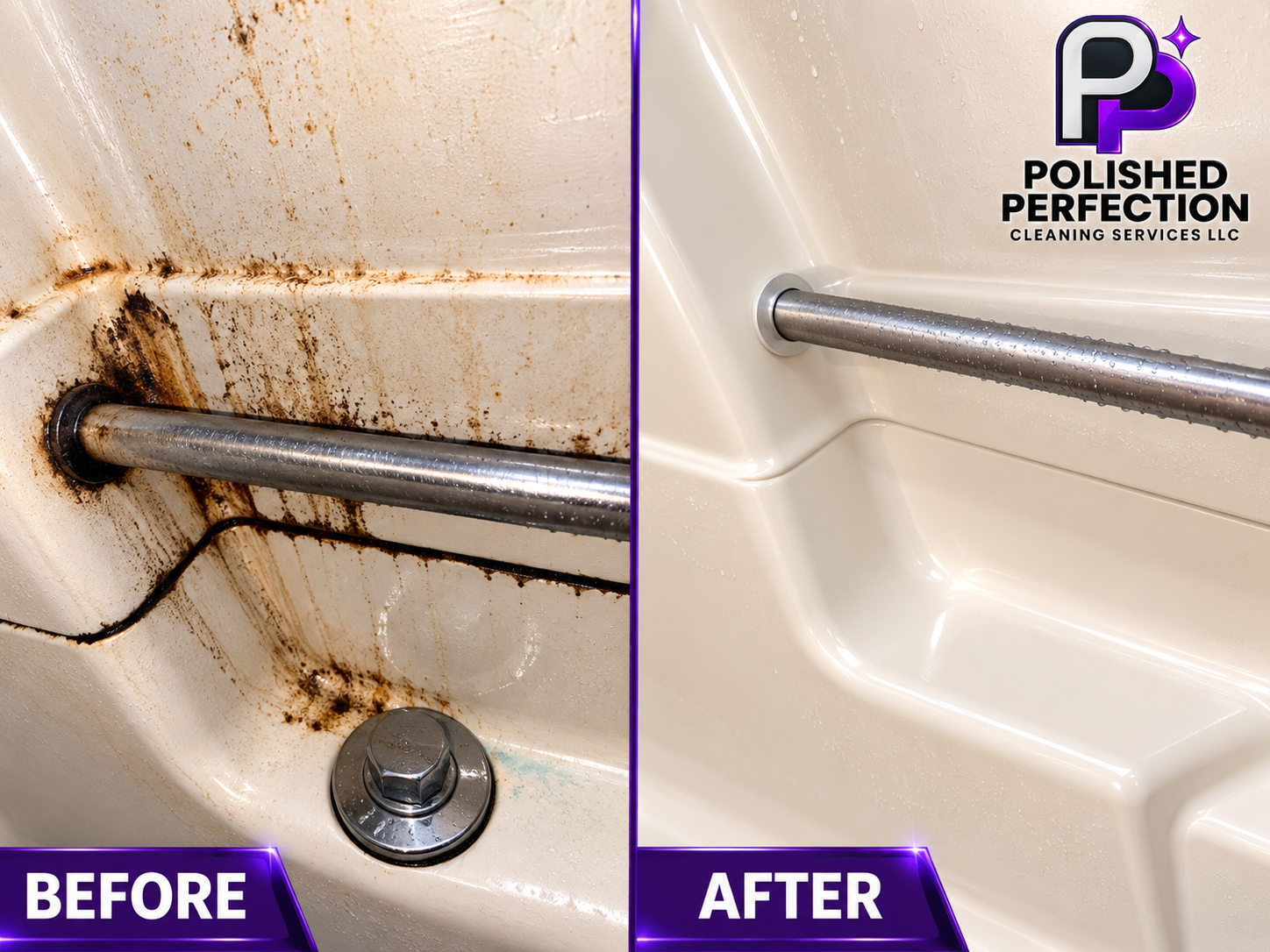 Side-by-side comparison of a bathtub before and after cleaning. The left shows a bathtub with rust, grime, and stains, while the right shows a clean, sanitized bathtub with a shiny metal grab bar and a polished surface.
