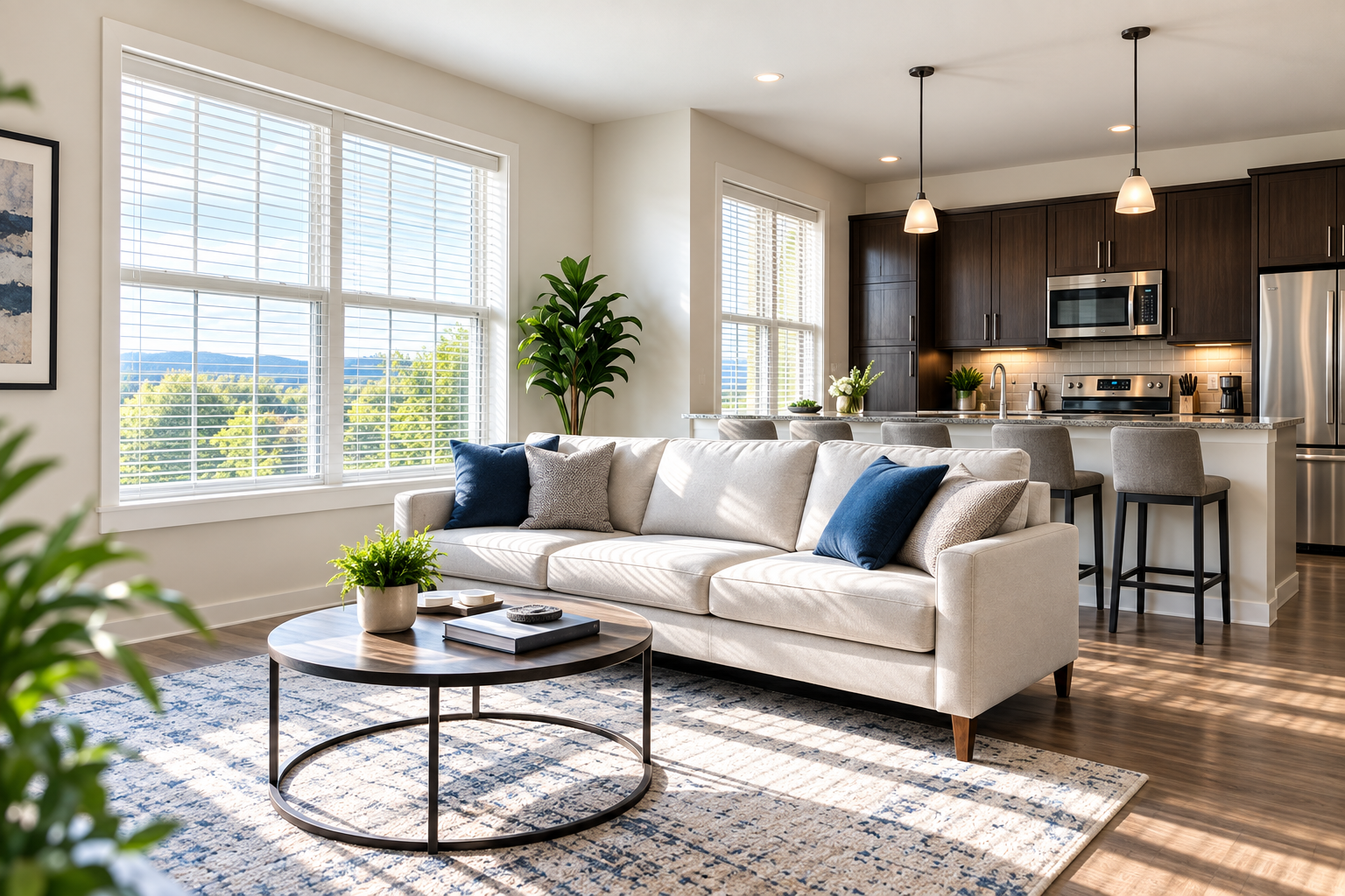 Bright modern living room with large windows, white sofa with blue and beige pillows, round coffee table with plant and books, and an open kitchen with dark wood cabinets, stainless steel appliances, and bar stools.