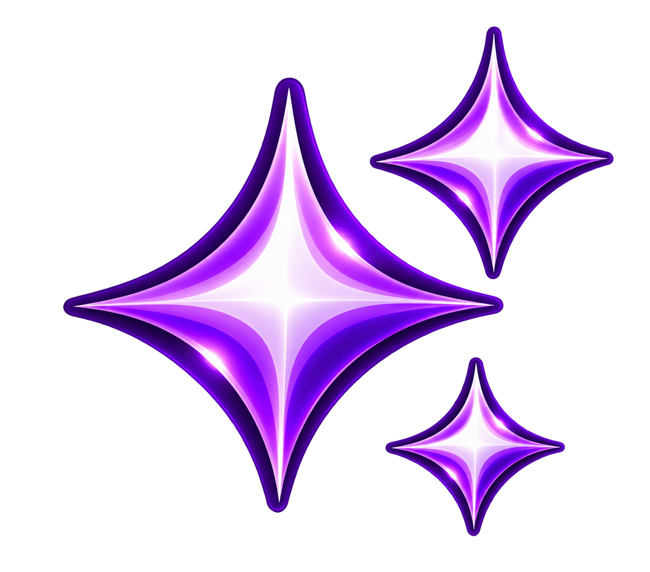 Four purple and white glowing star-shaped designs with reflections, set against a black background.