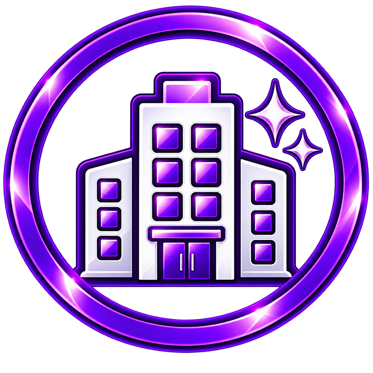 A neon, stylized depiction of a city building with stars and a circular purple frame.