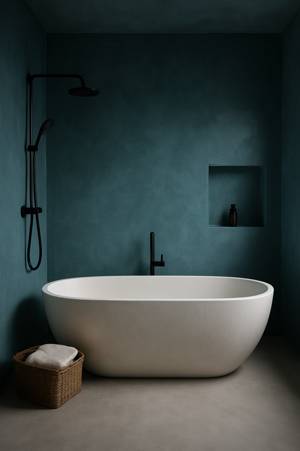 Modern bathroom with dark teal walls, a white freestanding bathtub, a black faucet, a black showerhead and hand shower, a built-in wall niche with a brown bottle, a woven basket with towels, and a gray floor.