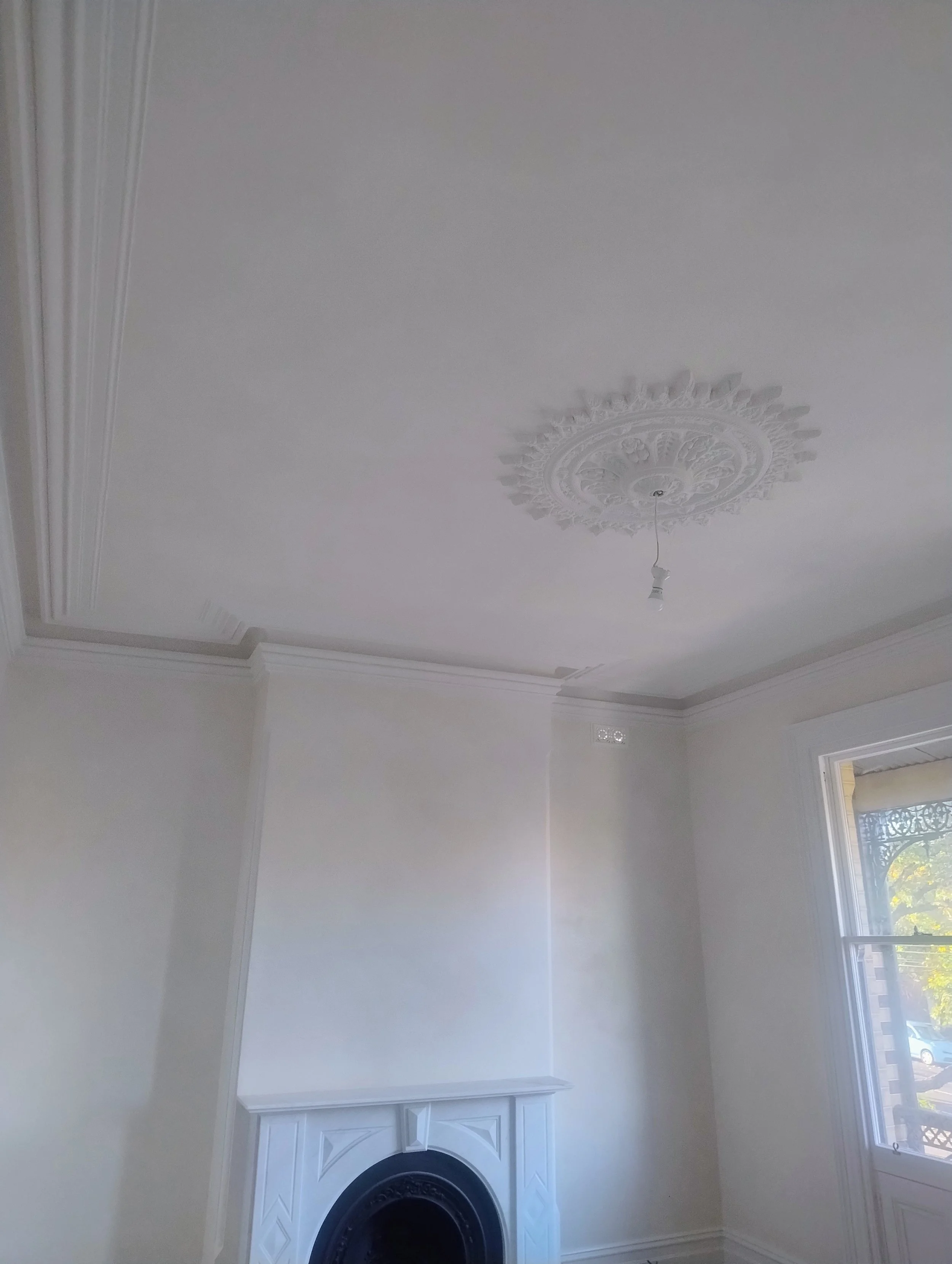 Interior of a room with a cloudy ceiling, ornate ceiling rose, ornate Victorian cornice, a white fireplace, and a window showing outdoor trees and sunlight.