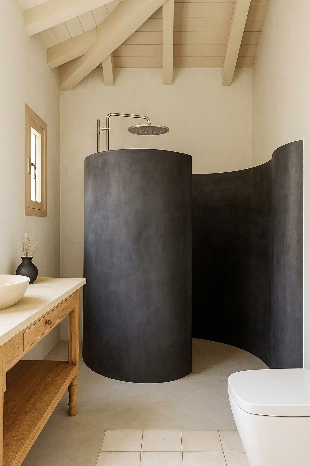 Minimalist bathroom with a curved black tadelakt plaster shower divider, wooden vanity with a white vessel sink, small window, and light-colored ceiling with wooden beams.