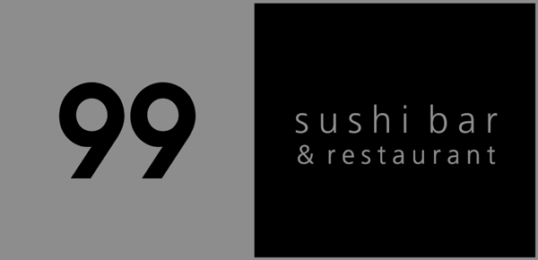 Logo with the text '99' in black on a gray background, and 'sushibar & restaurant' in white on a black square.