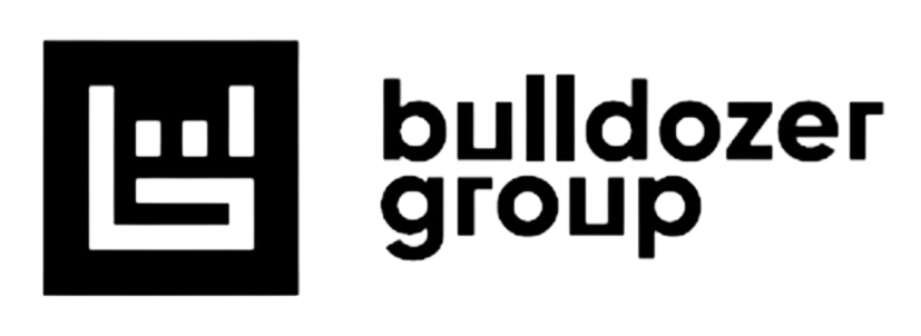 Logo of Bulldozer Group, featuring a black square with a white stylized bulldozer face, and the text 'bulldozer group' in lowercase bold letters.