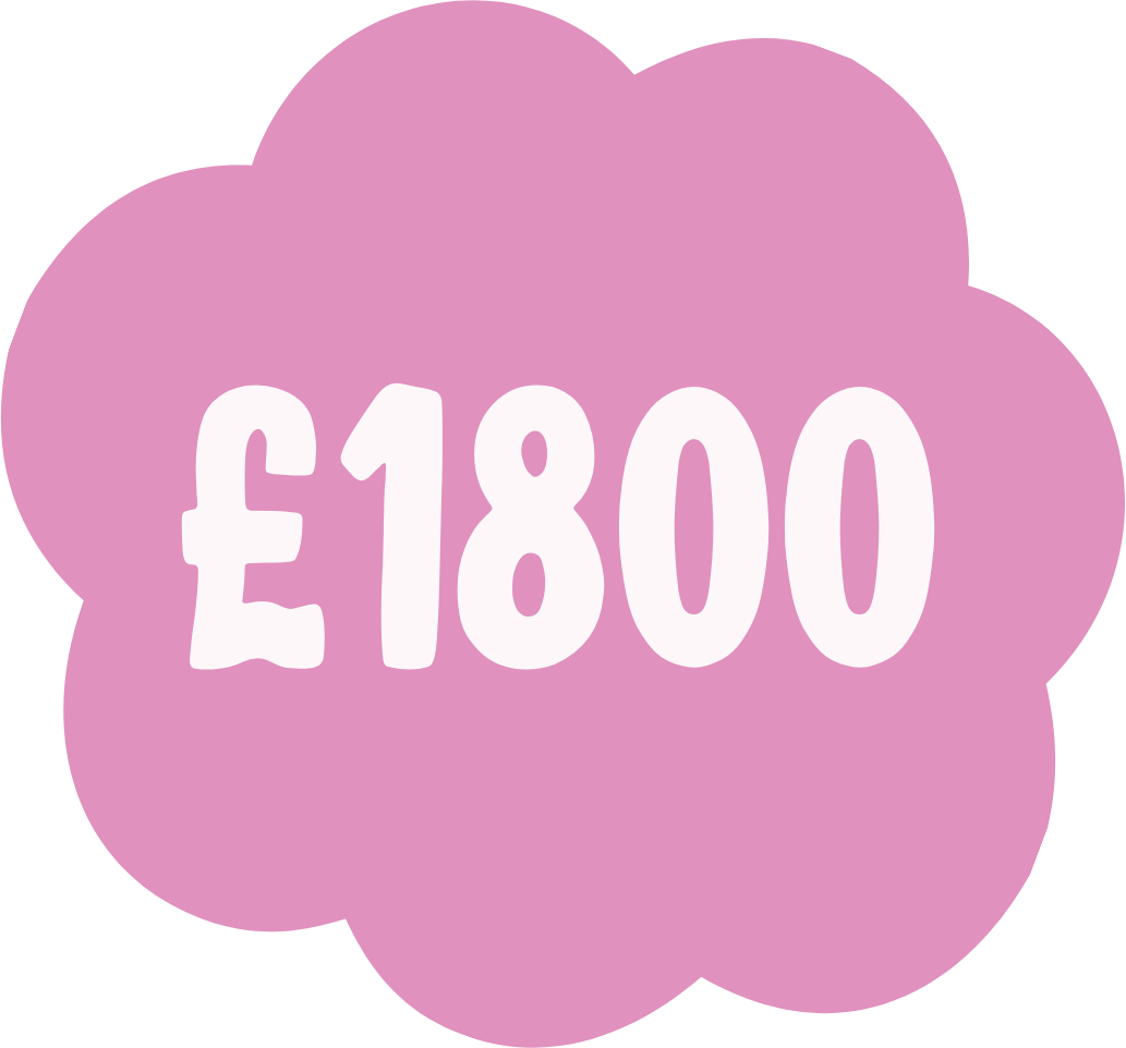 Pink cloud-shaped background with white text displaying the price '£1800'.