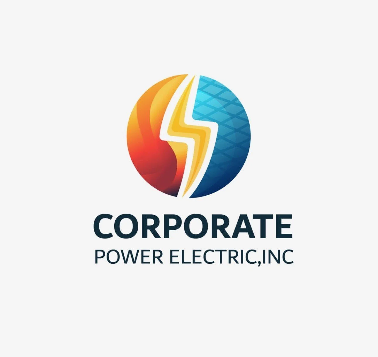A circular logo with a lightning bolt dividing it into two halves, with the left half in warm colors and the right half in cool colors. Below, the text reads "Corporate Power Electric, Inc."