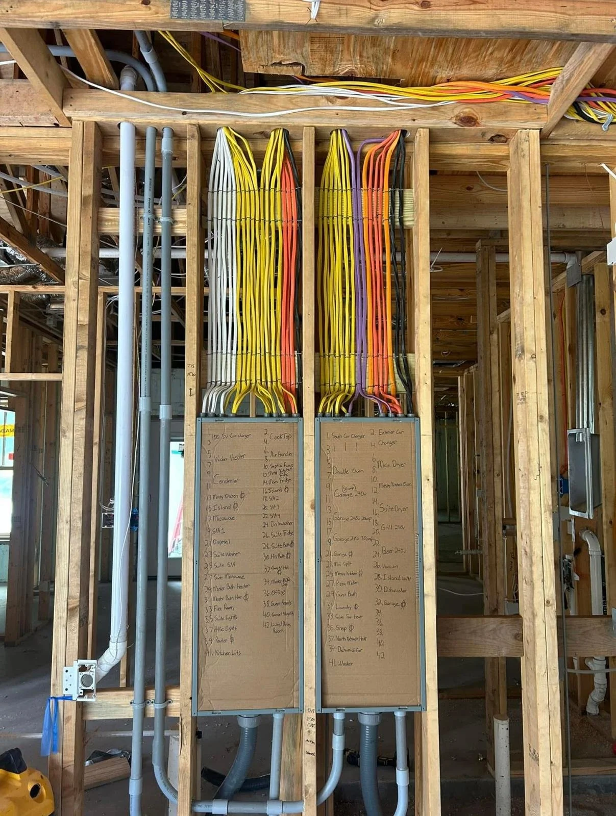 Electrical wiring with colorful cables organized in wooden frames at a construction site.