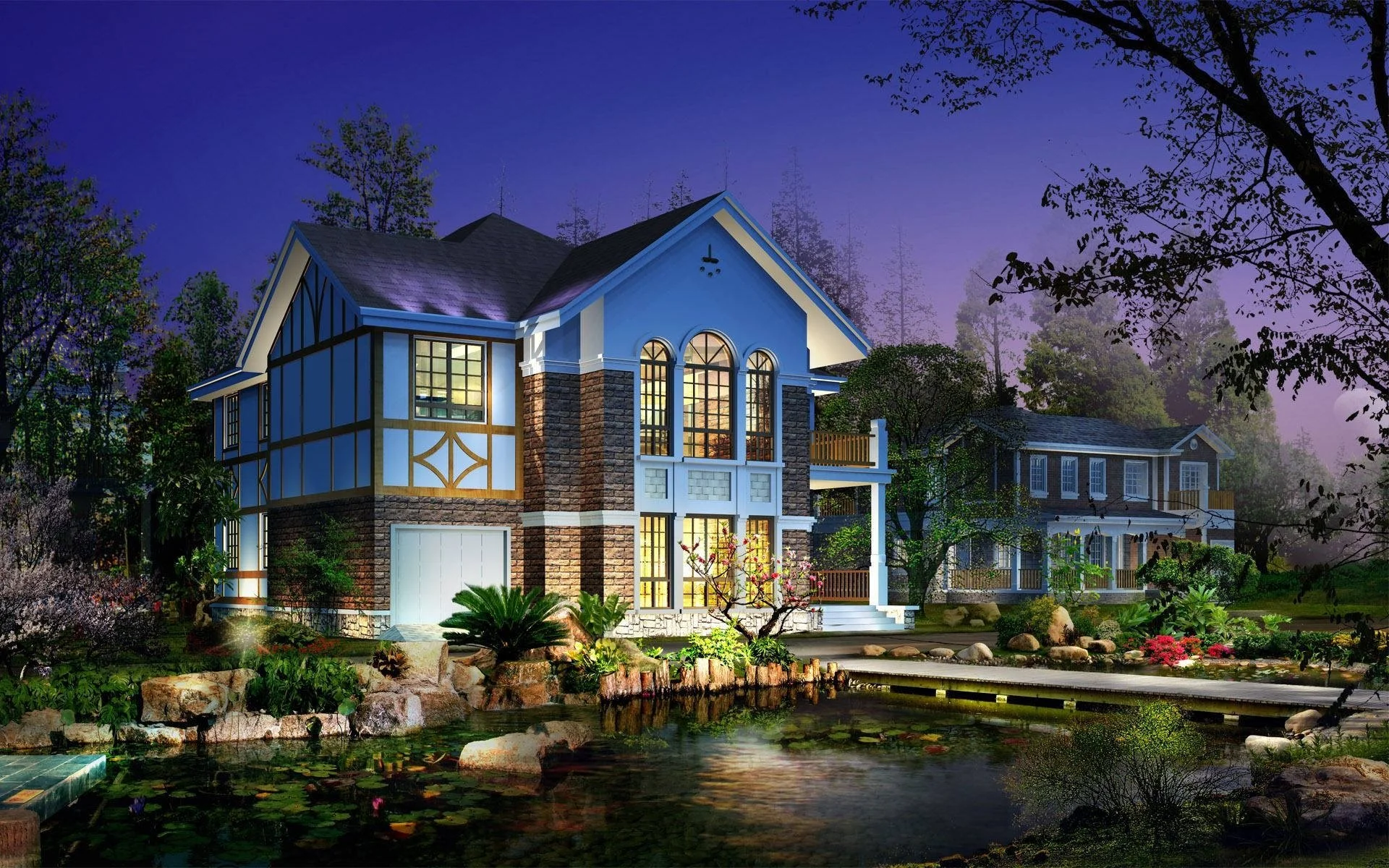 A large, well-lit house with a garage, situated near a pond, surrounded by trees and landscaped garden, under a purple twilight sky.