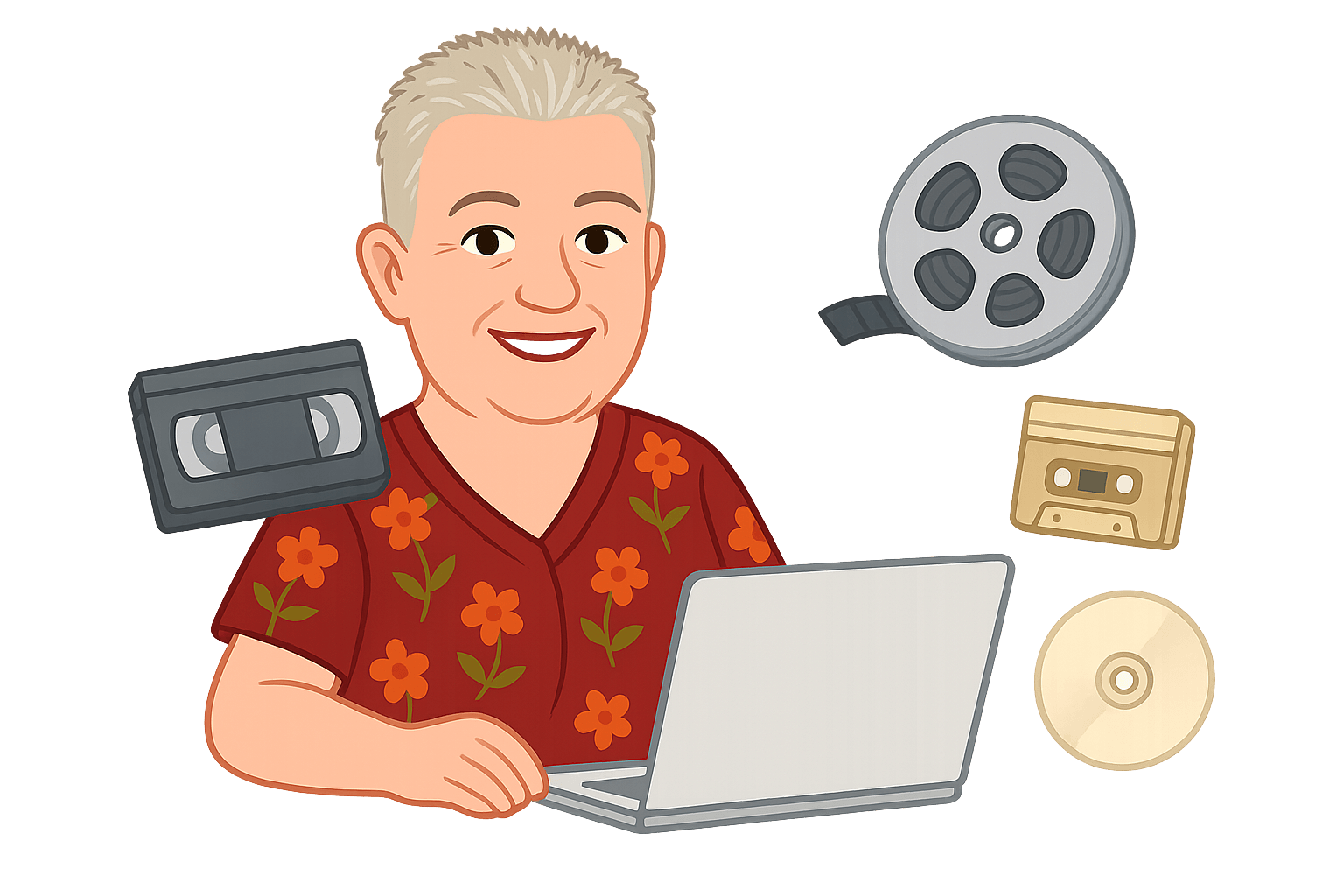 Cartoon illustration of a smiling woman at a laptop with old media formats—VHS tape, film reel, cassette tape, VHS-C, and CD/DVD—symbolizing media transfer and digitization.