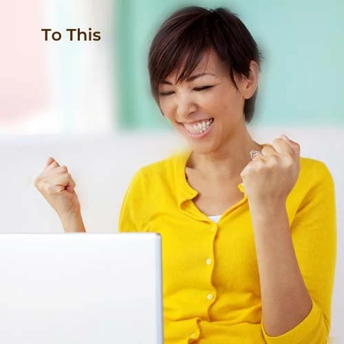 Smiling woman celebrating at her computer after photo organizing and digital media management.