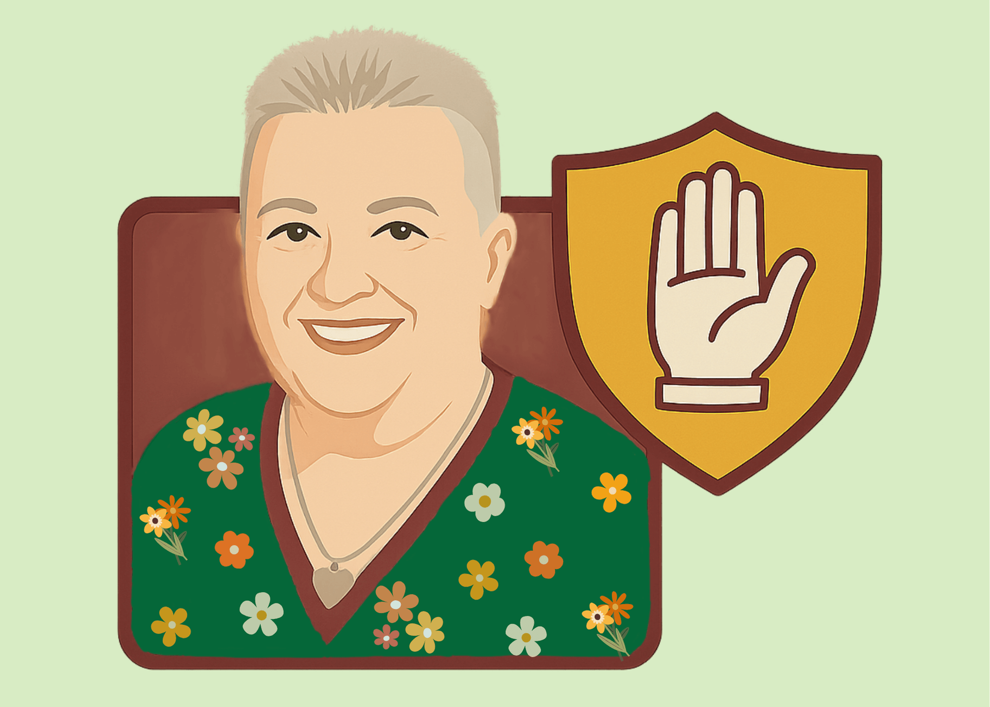 Cartoon illustration of Melody Helmick smiling beside a gold shield with a white gloved hand, symbolizing her promise of white glove care and privacy for client memories.