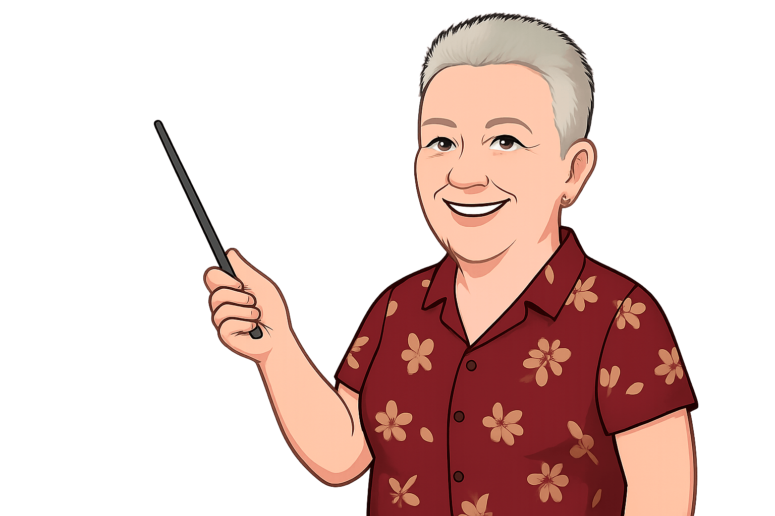 Cartoon illustration of a smiling photo consultant holding a pointer, wearing a red floral shirt on a dark background