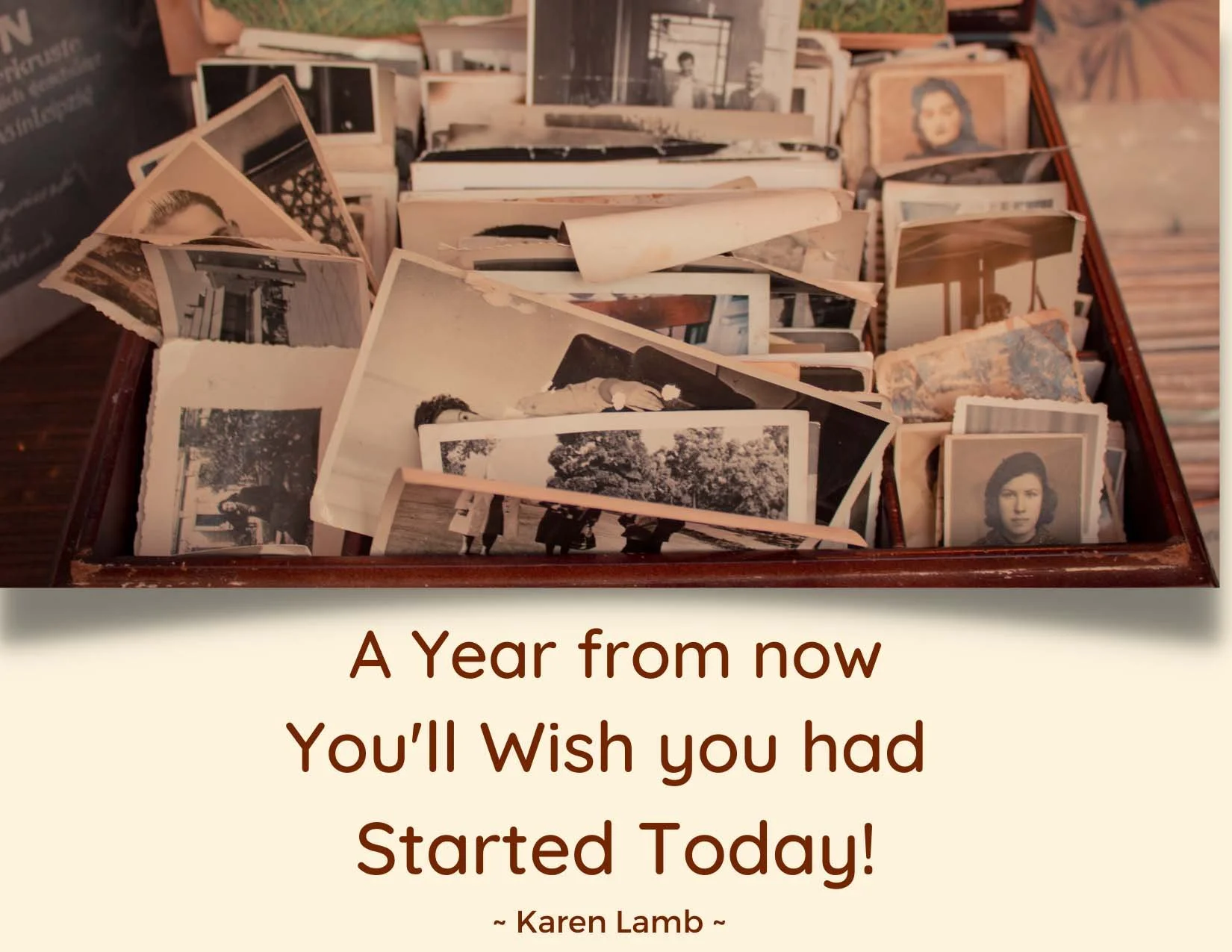 A collection of black and white photographs in a wooden box, featuring vintage family and outdoor scenes.