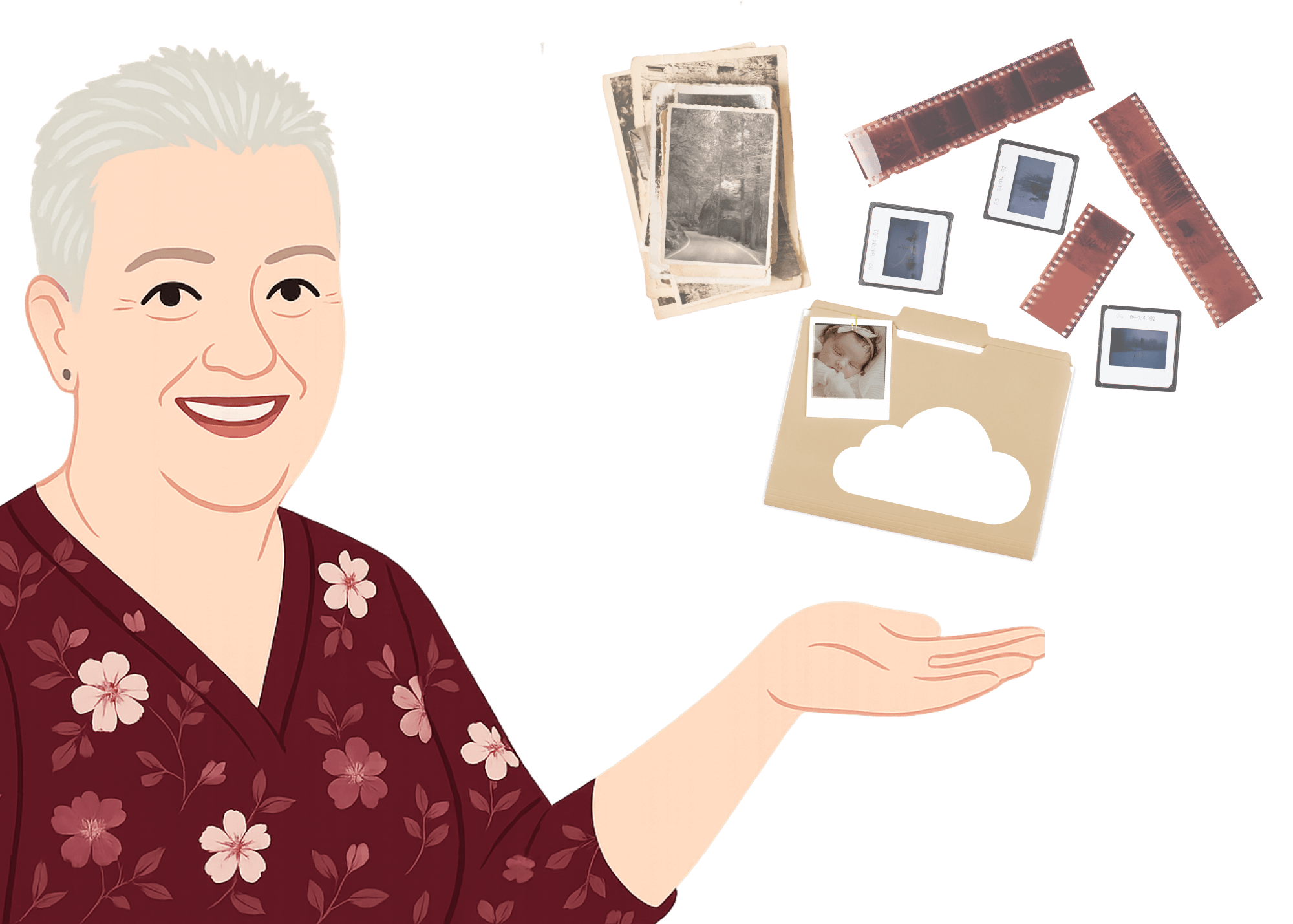 Cartoon illustration of a smiling woman with short gray hair in a floral top, presenting old photographs, slides, and negatives flowing into a folder with a cloud icon, symbolizing photo organizing and cloud storage.