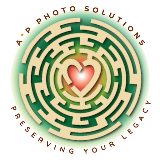 Alternate logo for AP Photo Solutions featuring a heart in the center of a circular maze with the tagline Preserving Your Legacy.