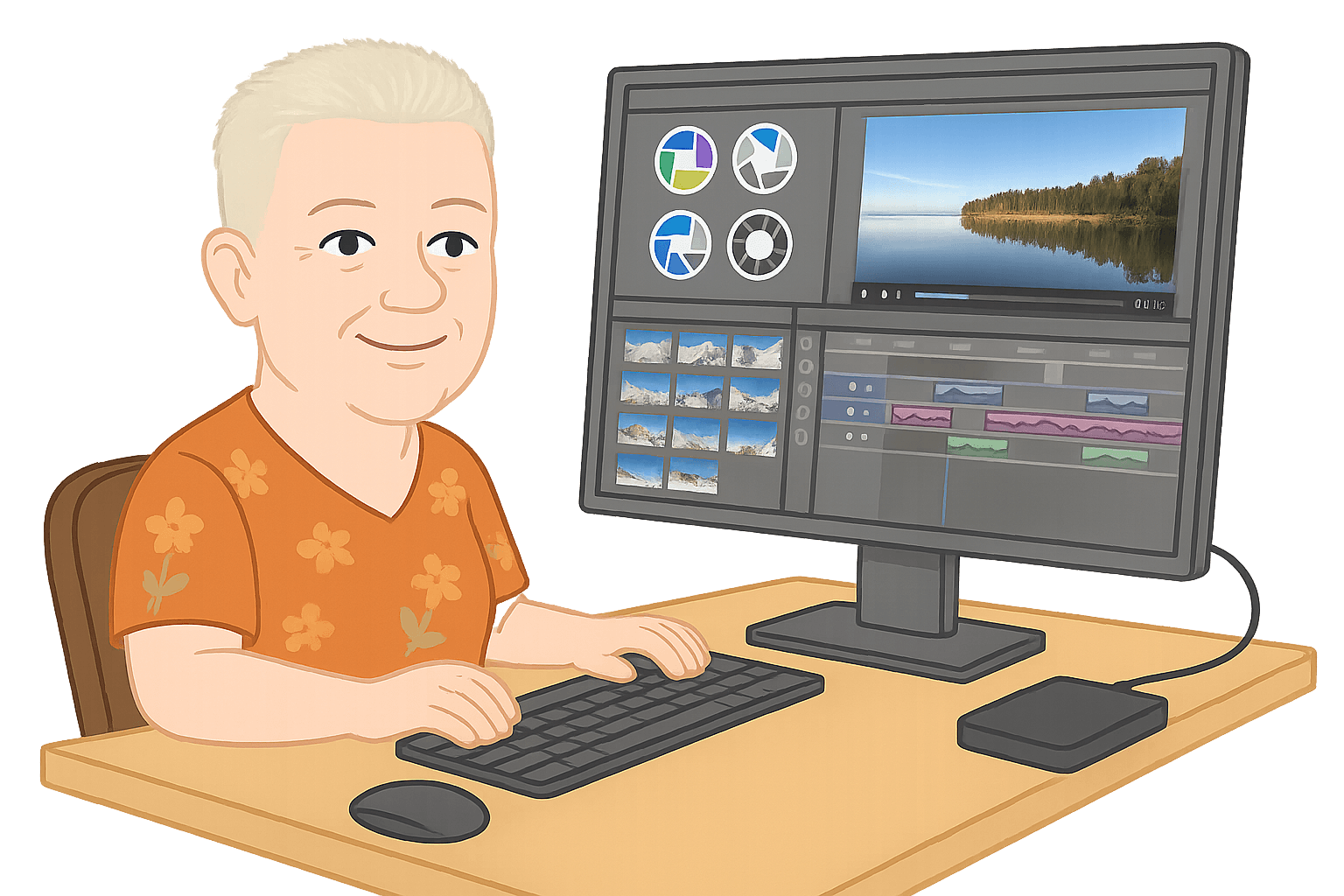 Cartoon illustration of a woman with short gray hair sitting at a desk editing video on a computer screen, showing a video editing interface with timelines, clips, and color tools.