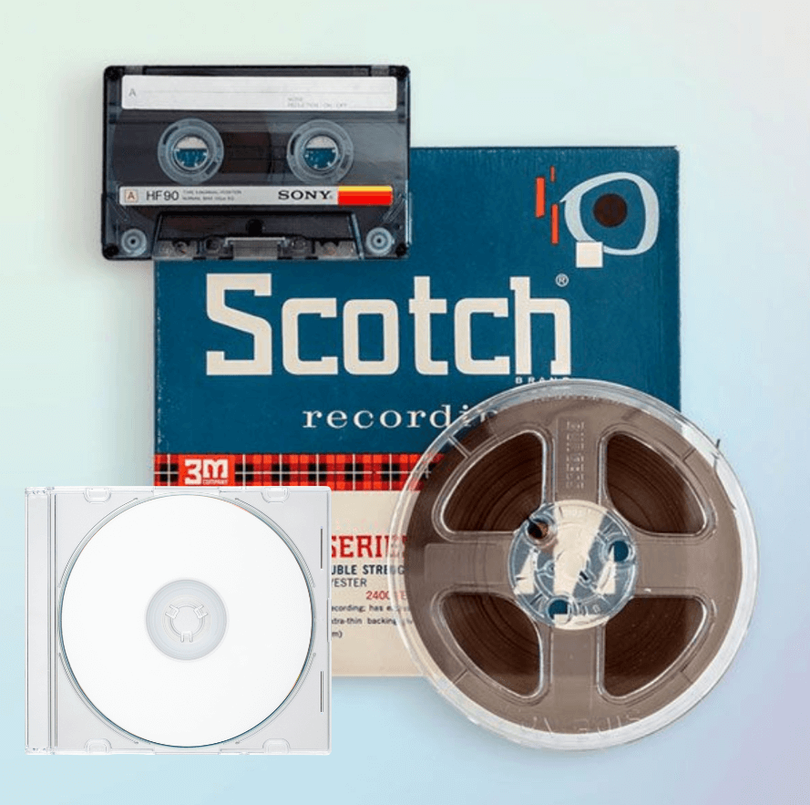 Photo of vintage audio media formats including a cassette tape, reel-to-reel tape, blank CD in a case, and a Scotch recording tape box, representing audio transfer and digitization.