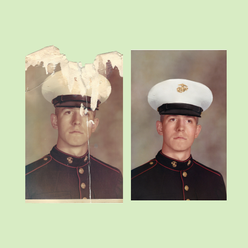 Side-by-side comparison of a damaged, faded portrait and the fully restored, color- corrected version.