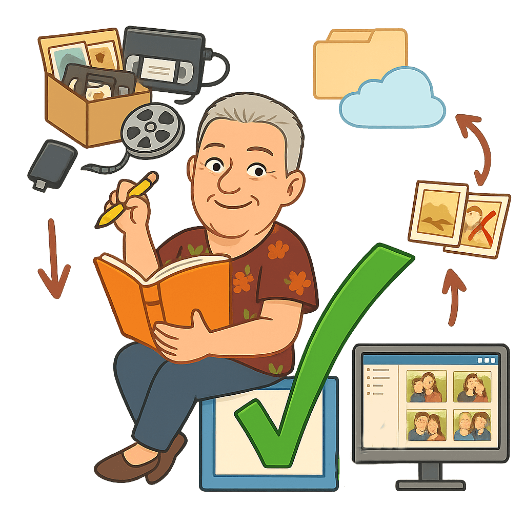 Easily organize your photos and media—VHS tapes, film reels, prints, and digital files—into one secure system. Preserve memories, remove duplicates, and store them safely in the cloud.