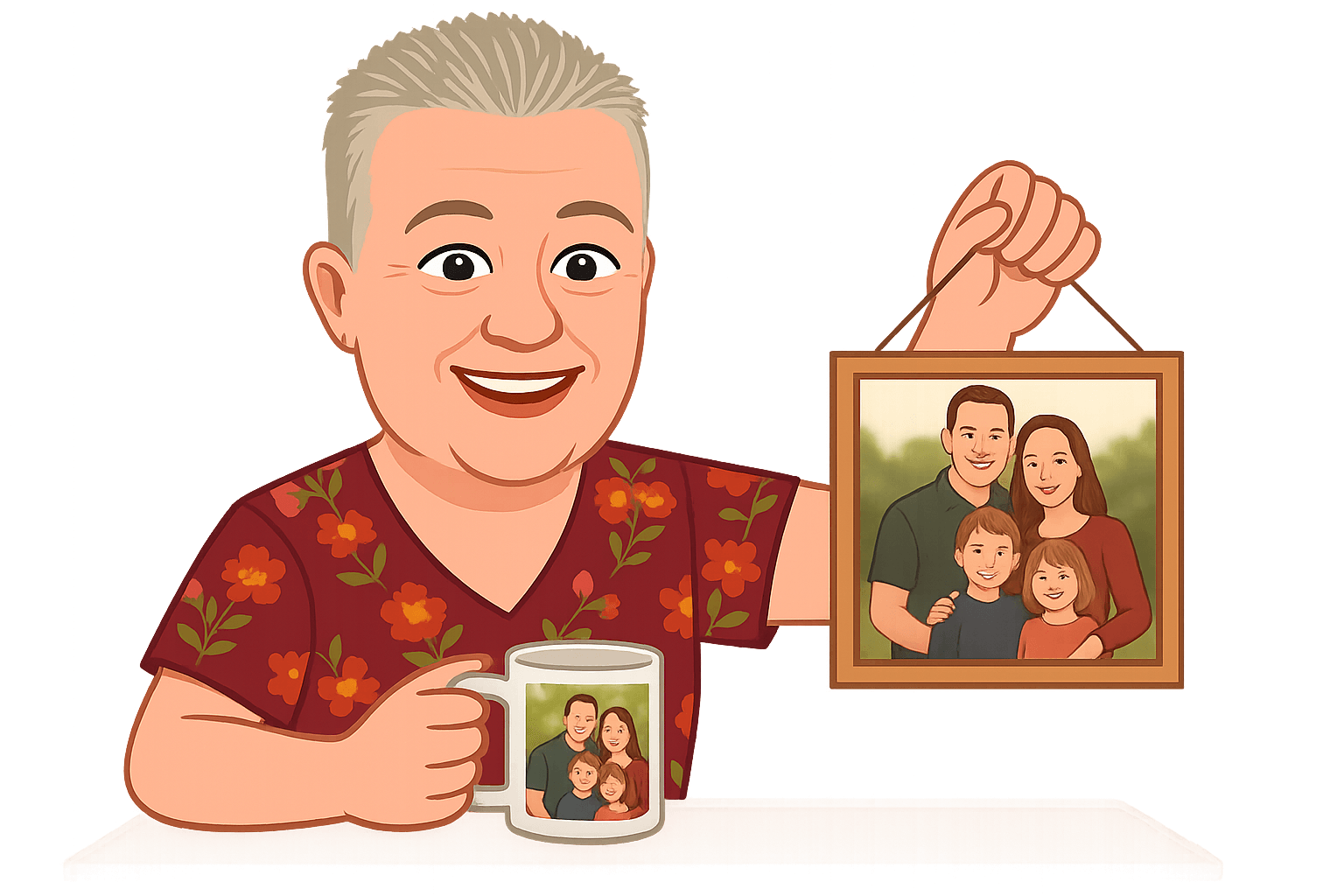 Smiling person holding a mug and framed family photo, showing personalized photo gifts like custom mugs and wall art – AP Photo Solutions, Las Vegas.