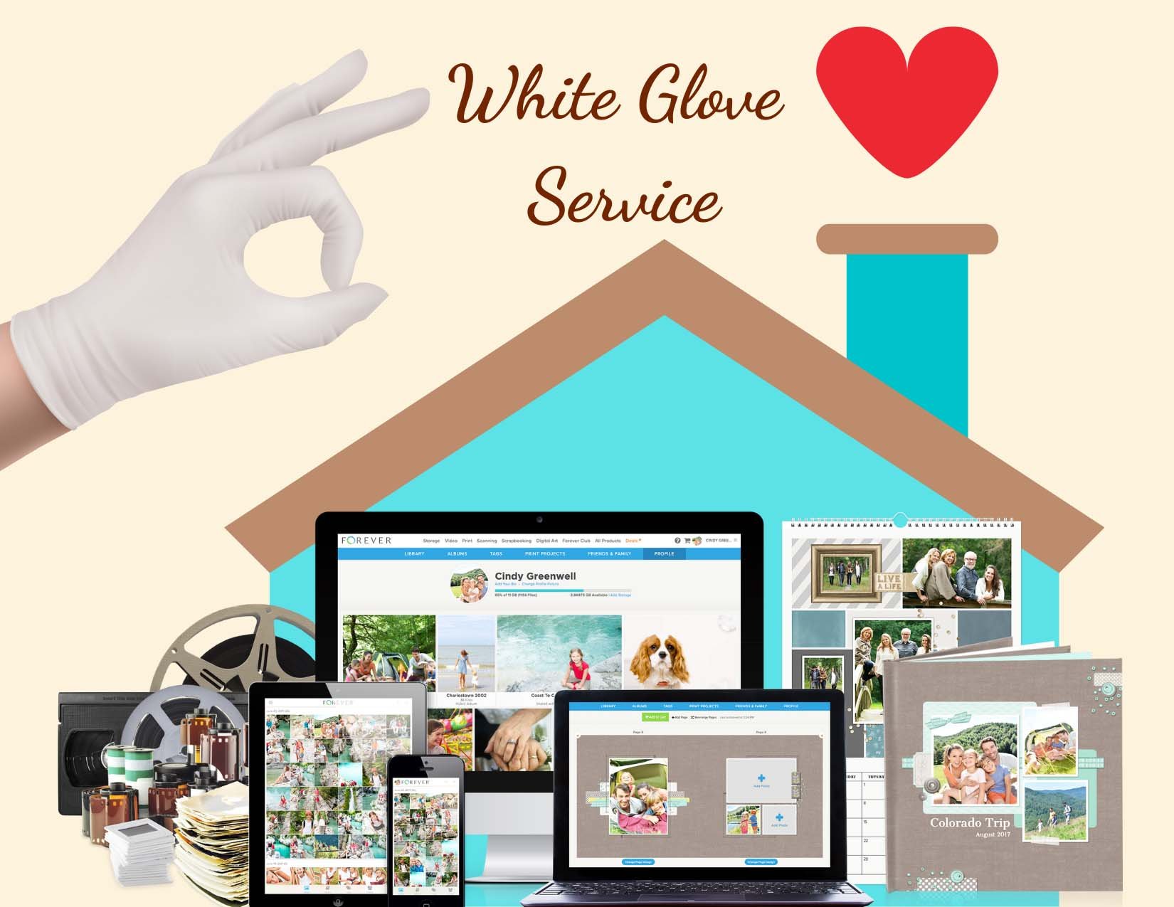 White Glove Service illustration with a gloved hand making an OK sign, film reels, photos, devices, and photo books displayed, symbolizing premium care for photo restoration and preservation.