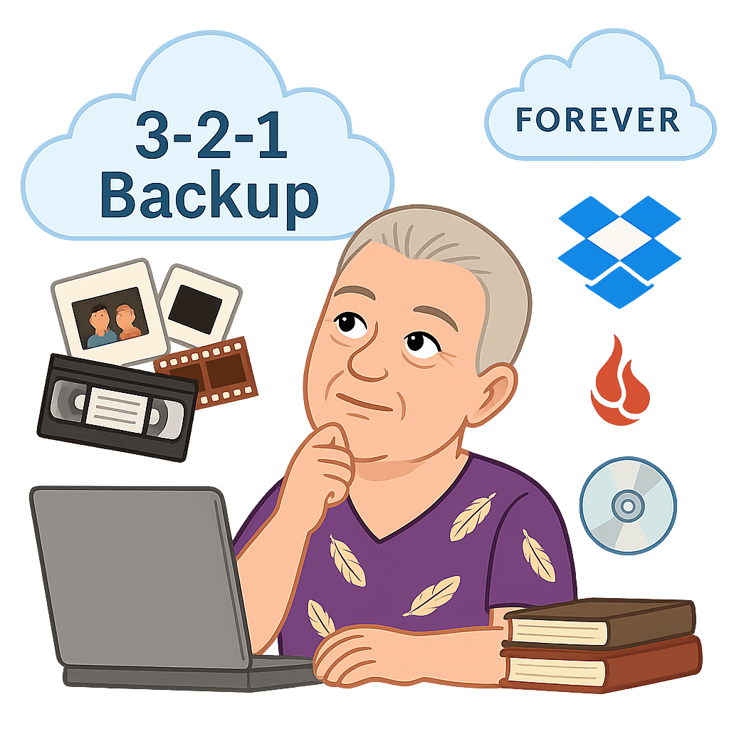 Cartoon of man thinking about 3-2-1 backup strategy with Forever, Dropbox, Backblaze, CDs, and photo media.