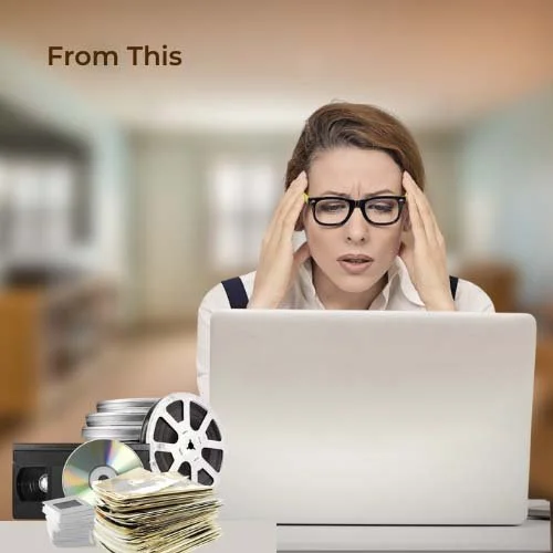 Woman looking stressed while searching through disorganized digital photos on her computer before using AP Photo Solutions to organize them.