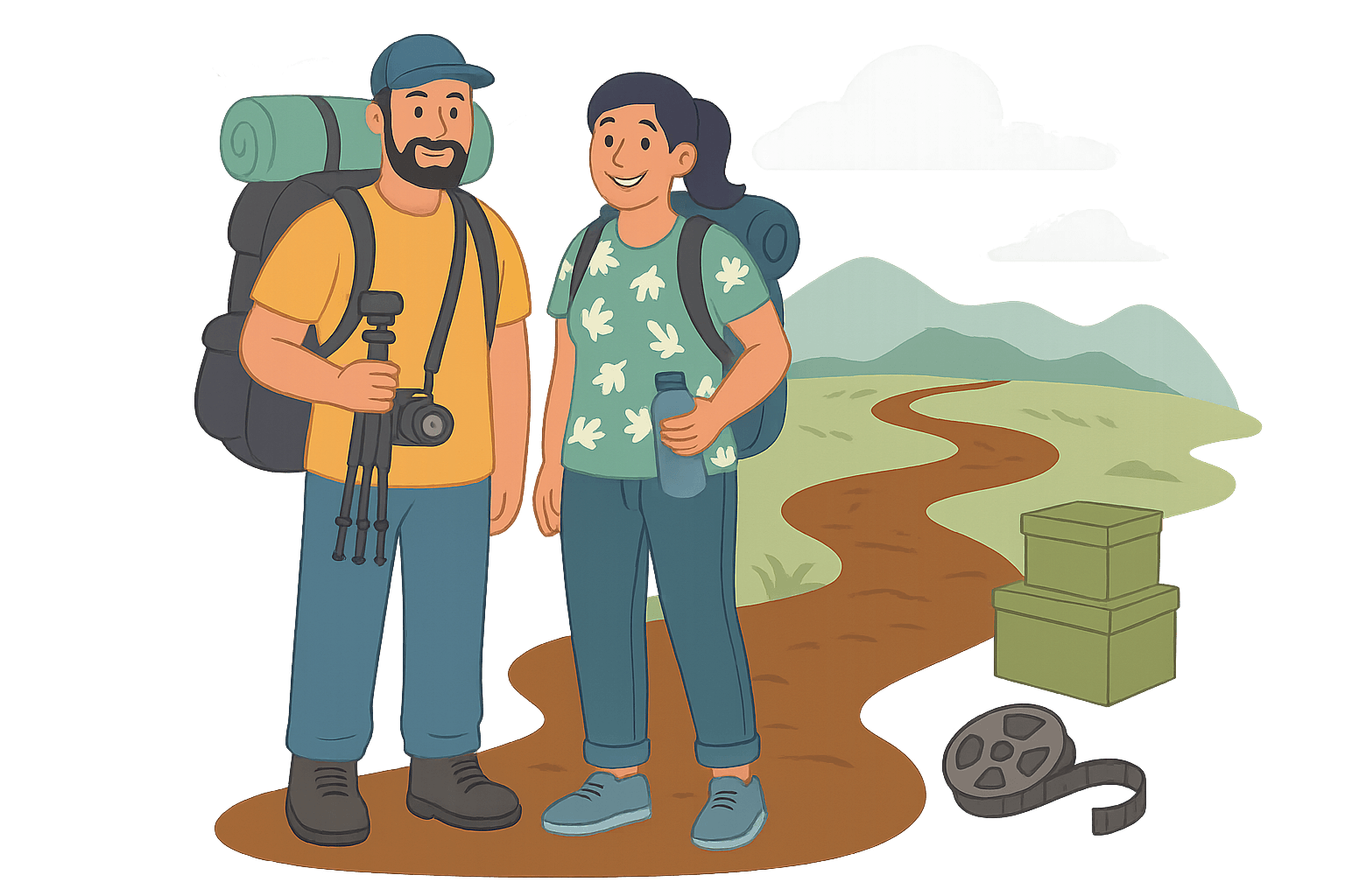 Cartoon illustration of a couple hiking with backpacks, one carrying a tripod and camera, the other holding a water bottle, standing on a long winding trail with hills and photo boxes, representing the Explorer 25-hour package by AP Photo Solutions.