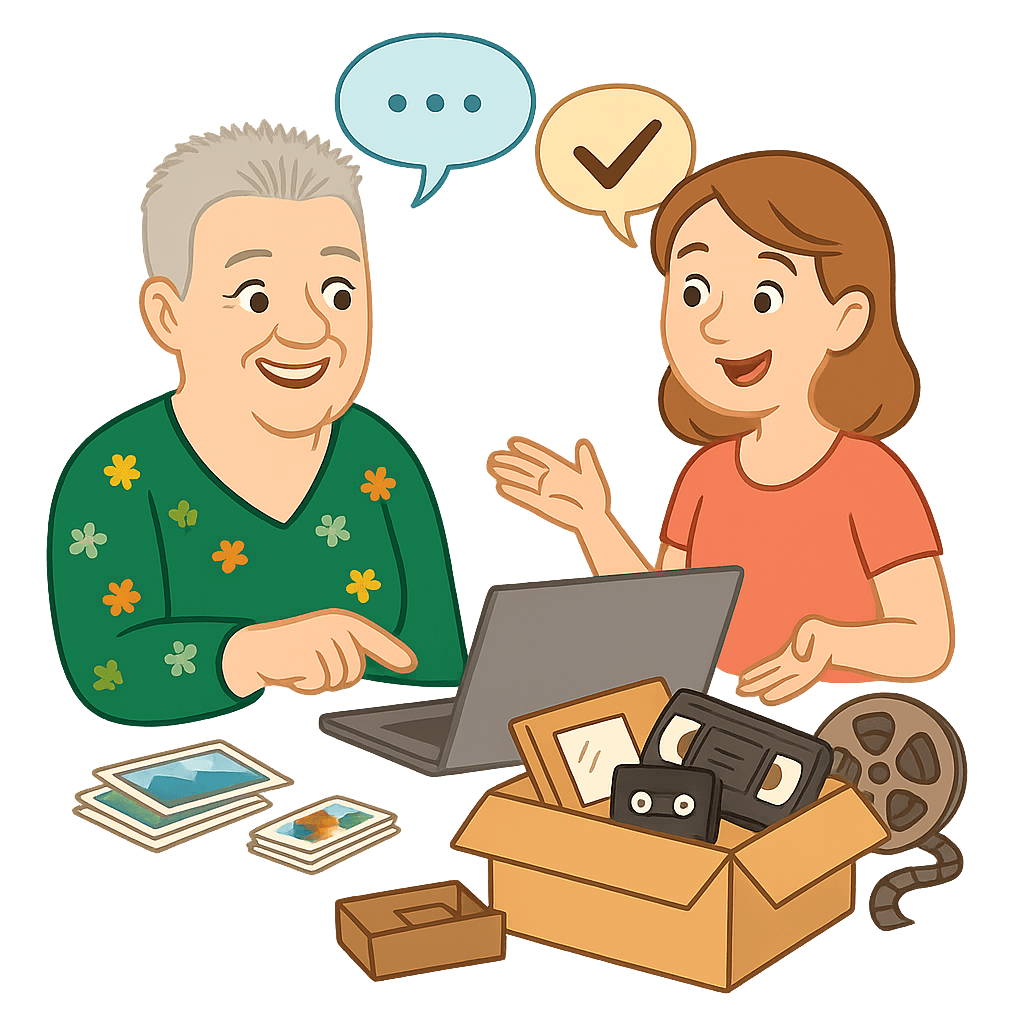 Cartoon illustration of Melody Helmick and a client collaborating at a laptop with a box of photos, VHS, and film reels, with speech bubbles above, representing the Do-It-With-Me service by AP Photo Solutions.