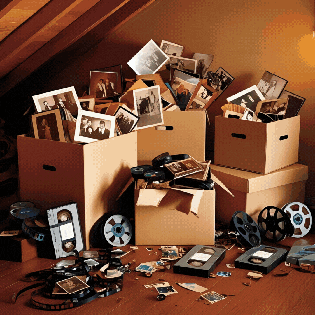 Animated GIF showing the journey of photo organizing: cluttered boxes of photos and tapes, an overwhelmed woman, neatly sorted photos in boxes and on a computer, and a couple enjoying their organized digital collection.