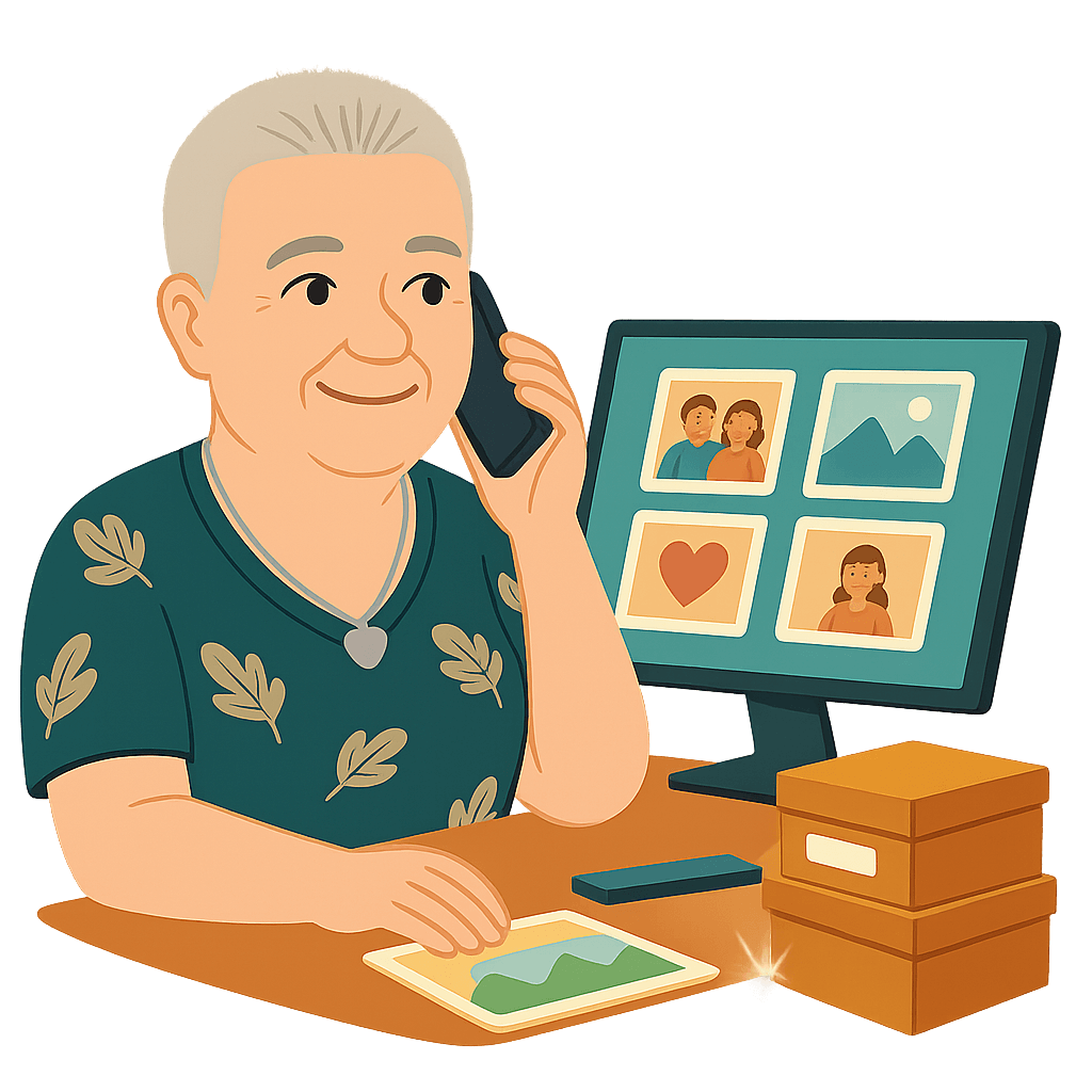 Cartoon illustration of Melody Helmick on the phone while working at a computer with photos neatly displayed on screen and photo boxes stacked nearby, representing the Do-It-For-Me service by AP Photo Solutions.