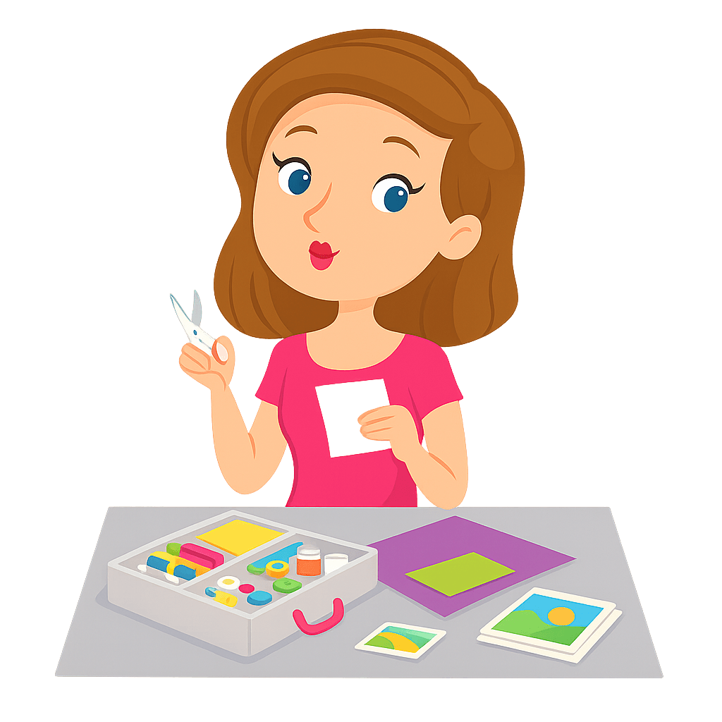 Cartoon woman creating a photo project with scissors and paper, representing DIY photo organizing services from AP Photo Solutions.