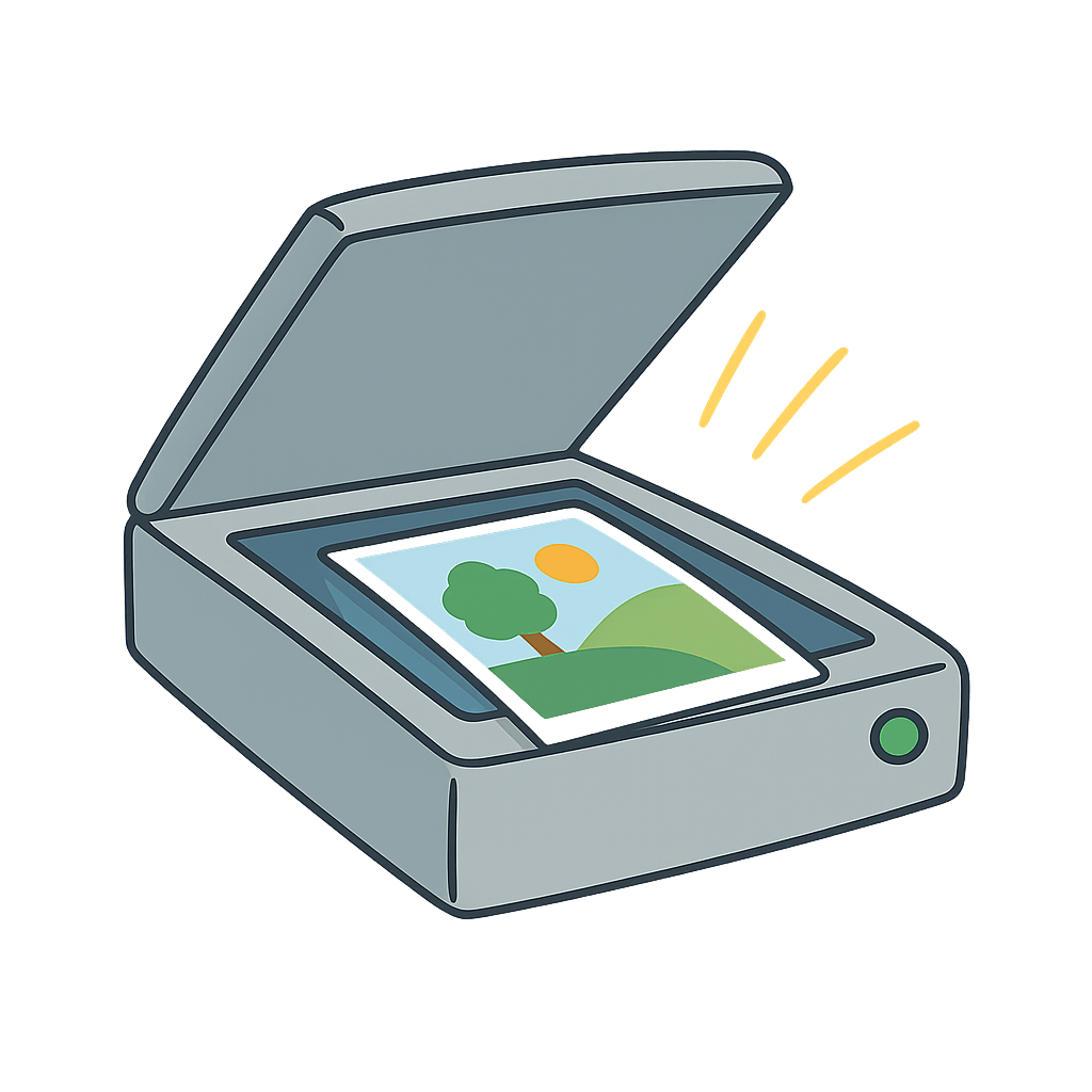 Cartoon illustration of a flatbed scanner with a glowing photo sliding out, representing AP Photo Solutions scanning services.